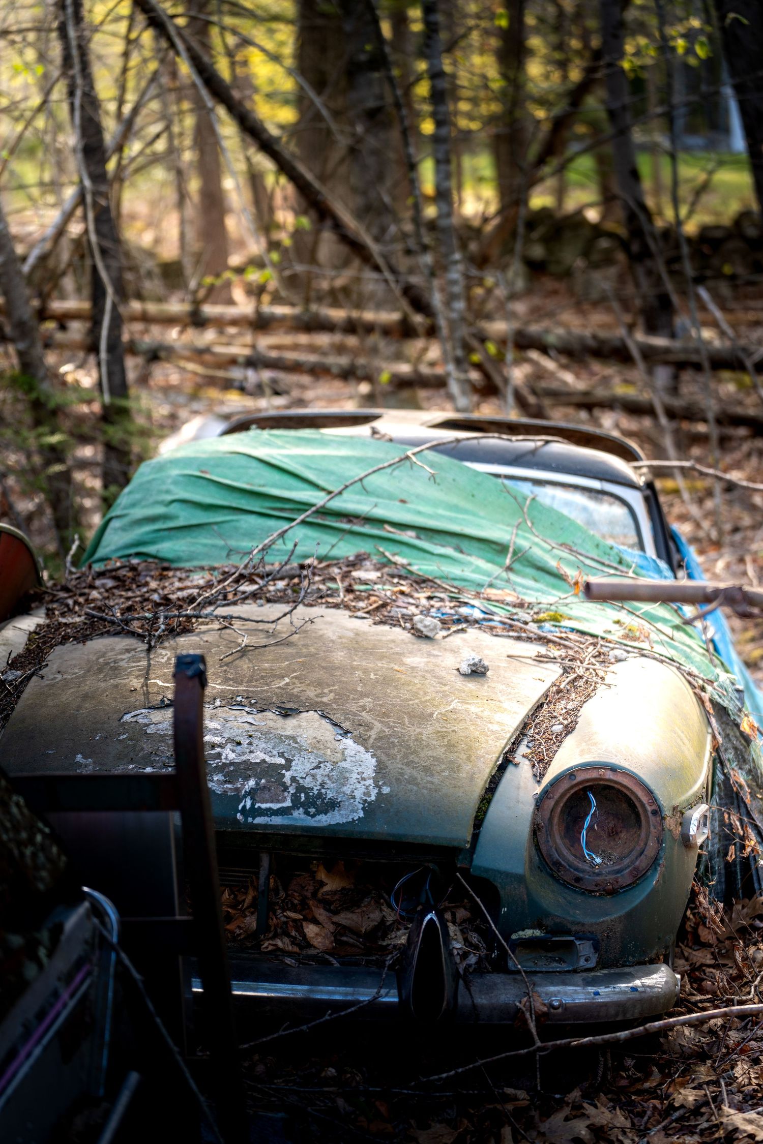 An abandoned vintage car covered in debris and draped with a tarp, decaying in a dense forest.