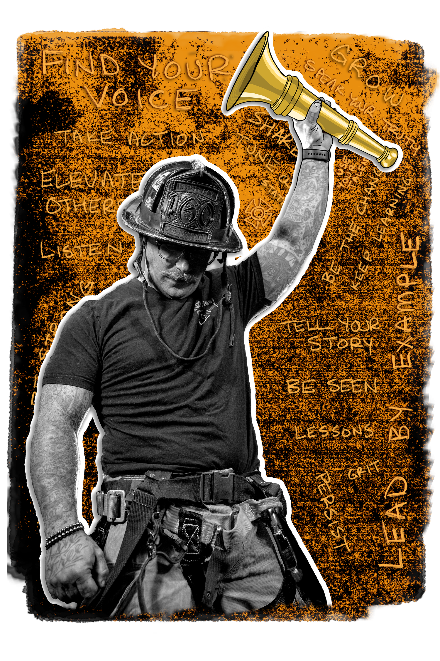Artistic black and white photo sequence with orange overlay showing firefighter in protective gear against graffiti wall.