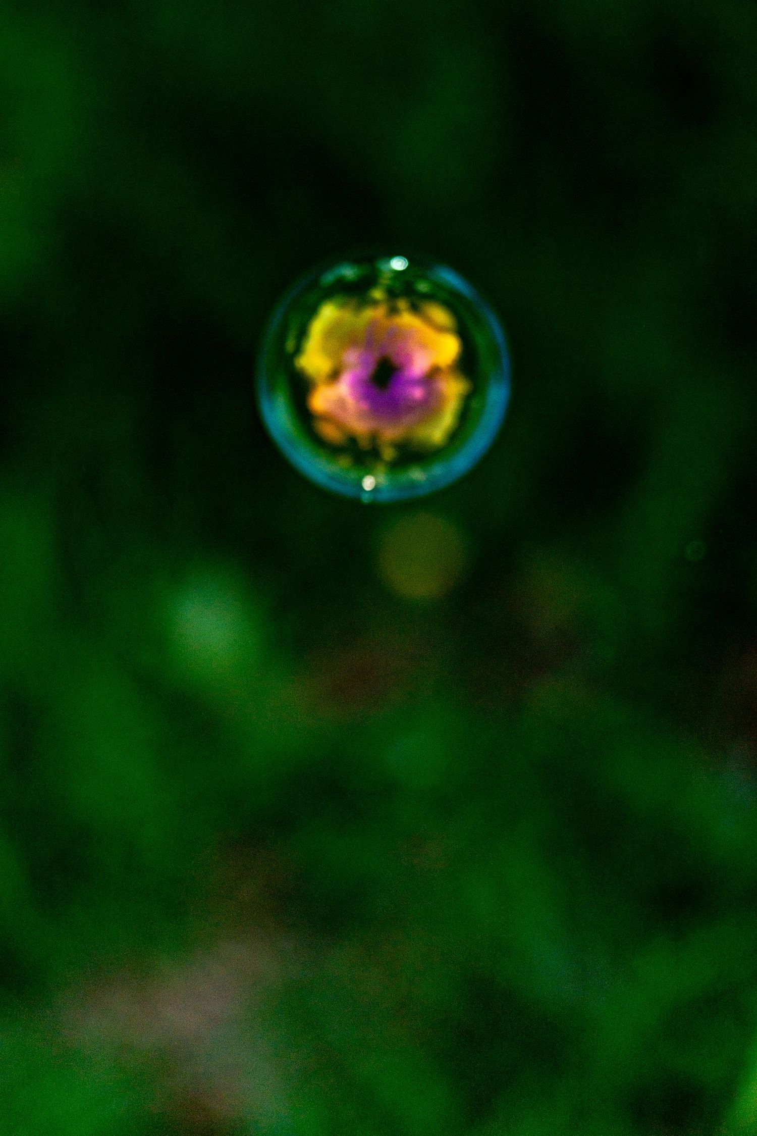 A single iridescent soap bubble floating mid-air with colorful flower reflection against a blurred green background.