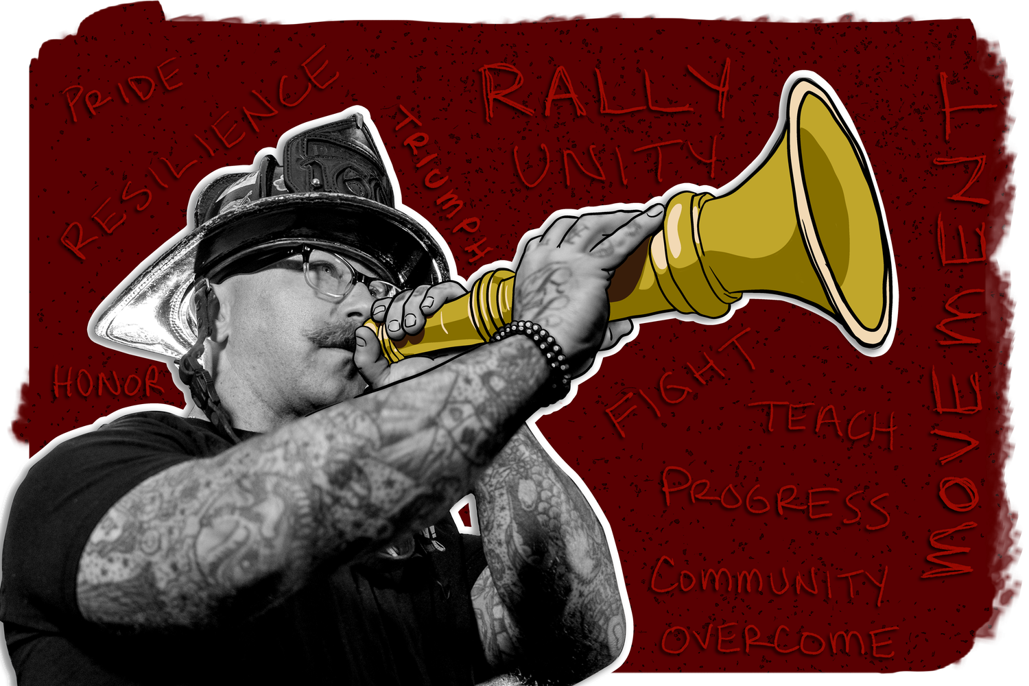 A series of red and black artistic banners with trumpet silhouettes creating a dynamic musical design pattern.