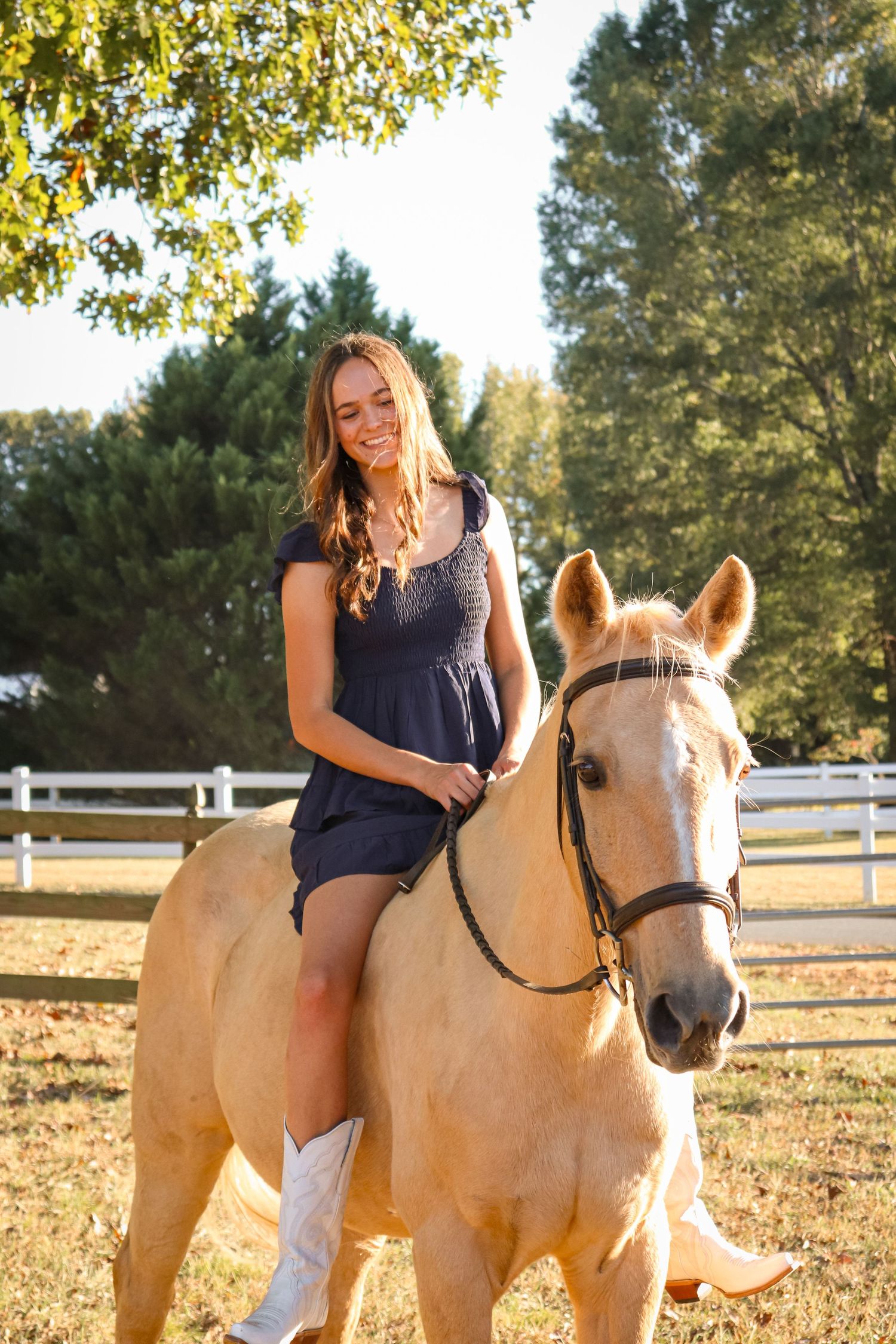 Portrait of a girl and her horse, taken outdoors in warm natural light.