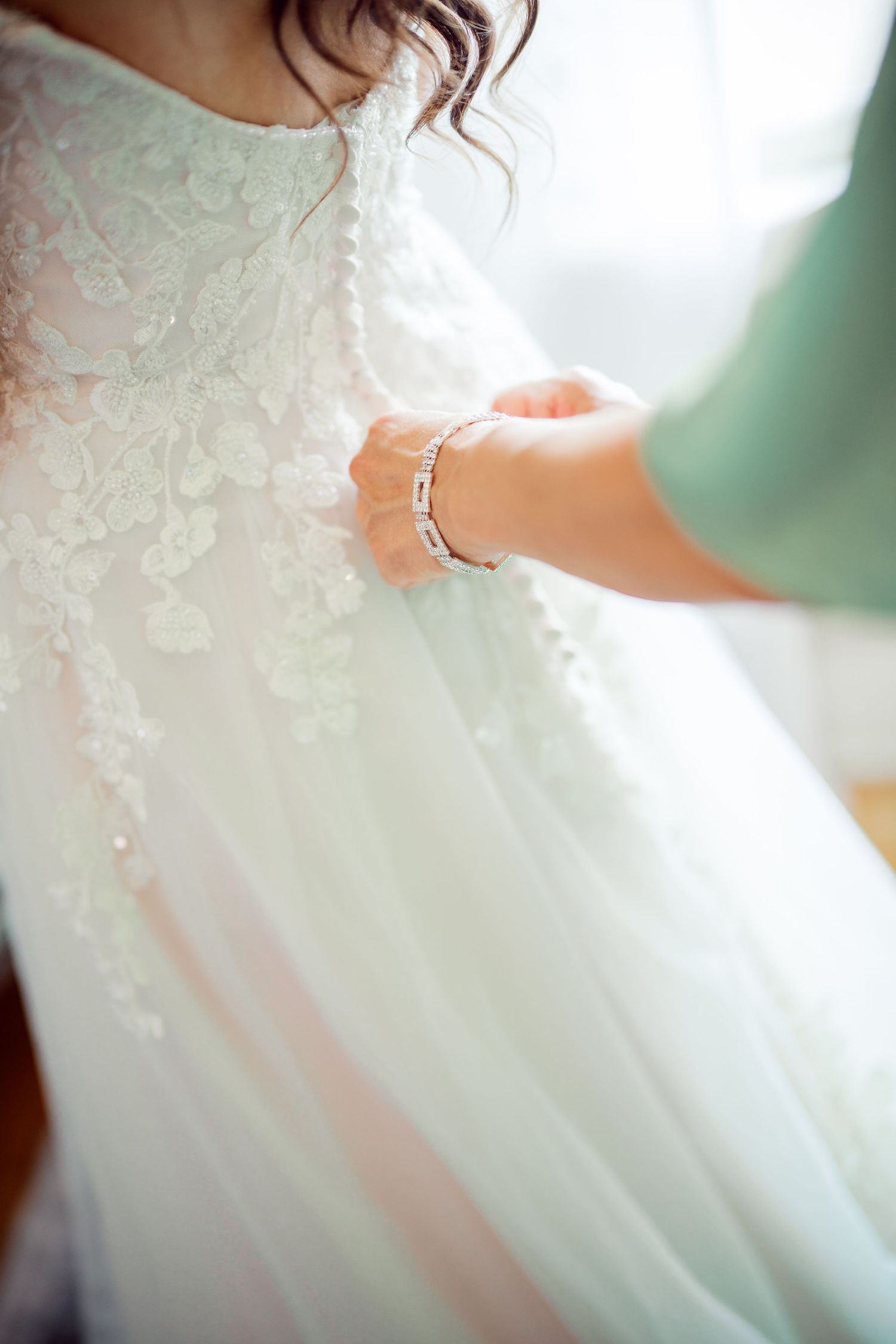 Lace and beading detail on the wedding gown at The Kelley Farm, Bonney Lake
