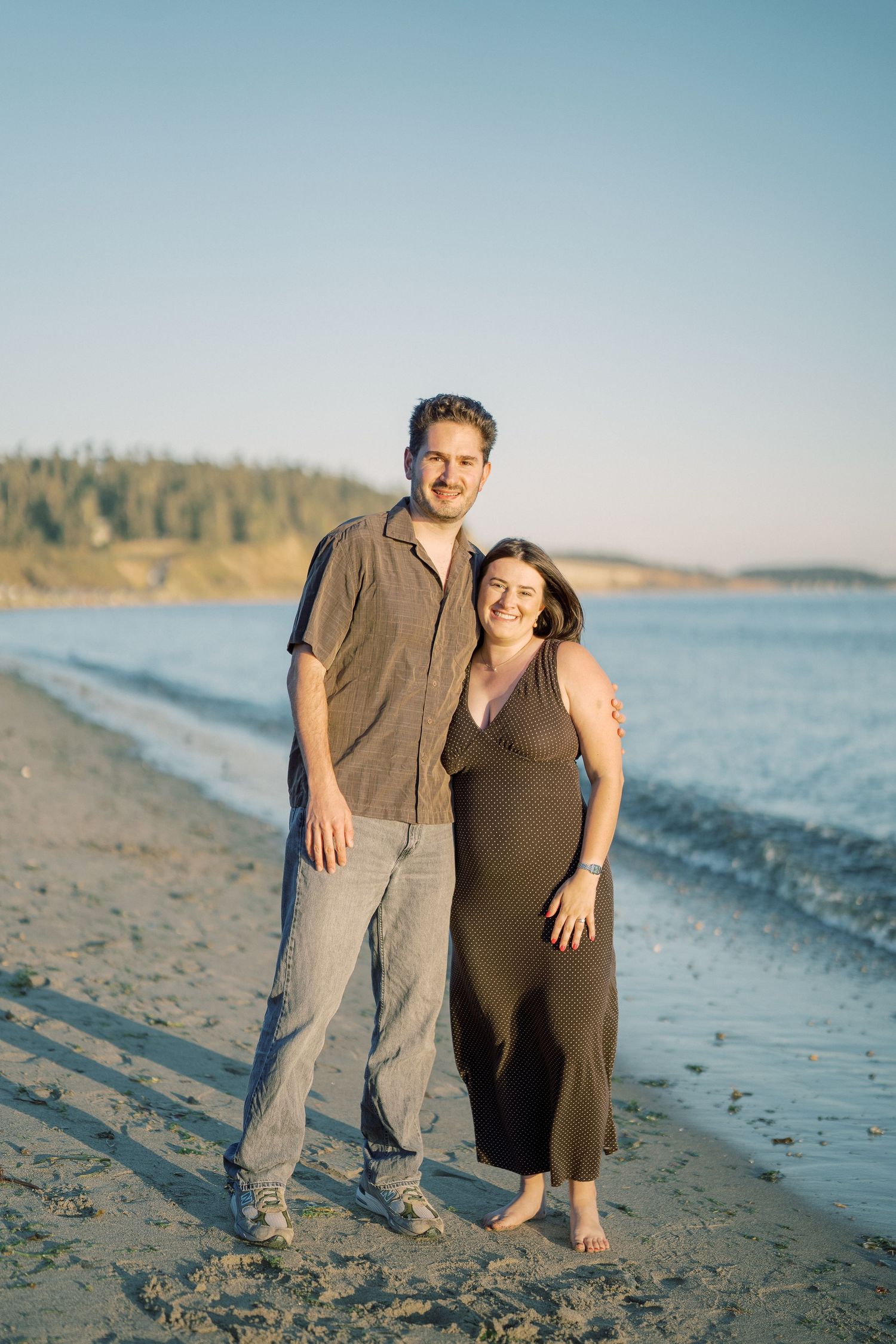 Full length portrait of the newly engaged couple on the beach, Whidbey Island proposal photographer, Freeland