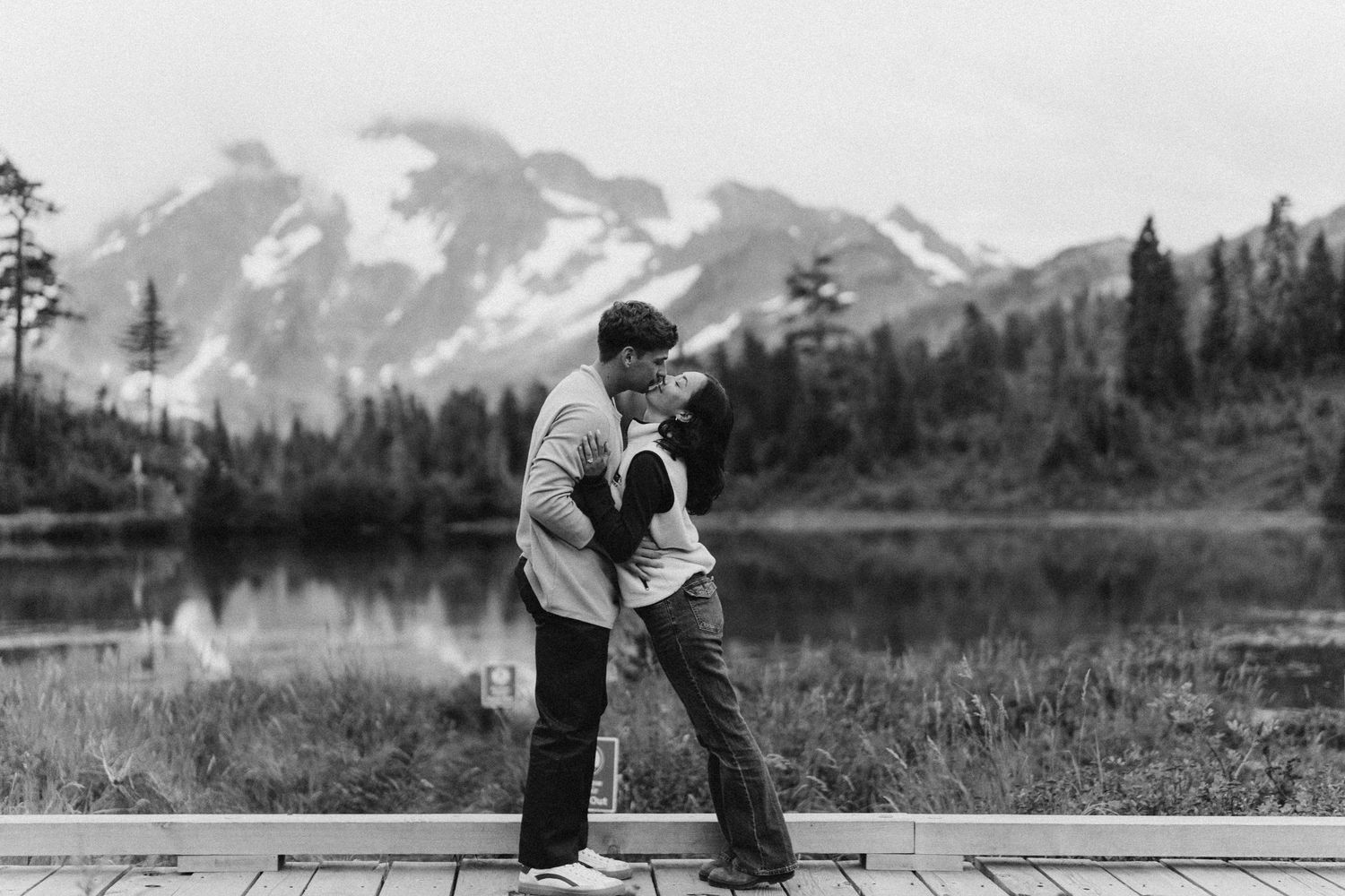 Black and white portrait at Picture Lake, Artist Point proposal photographer, Mt Baker