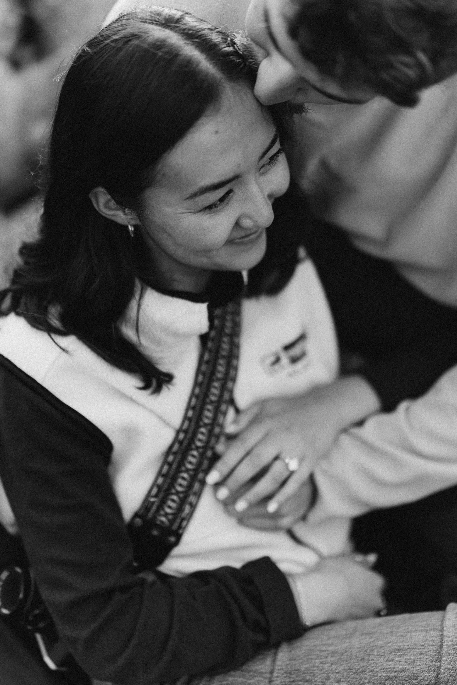 Black and white portrait of her just after the proposal, Artist Point proposal photographer, Mt Baker