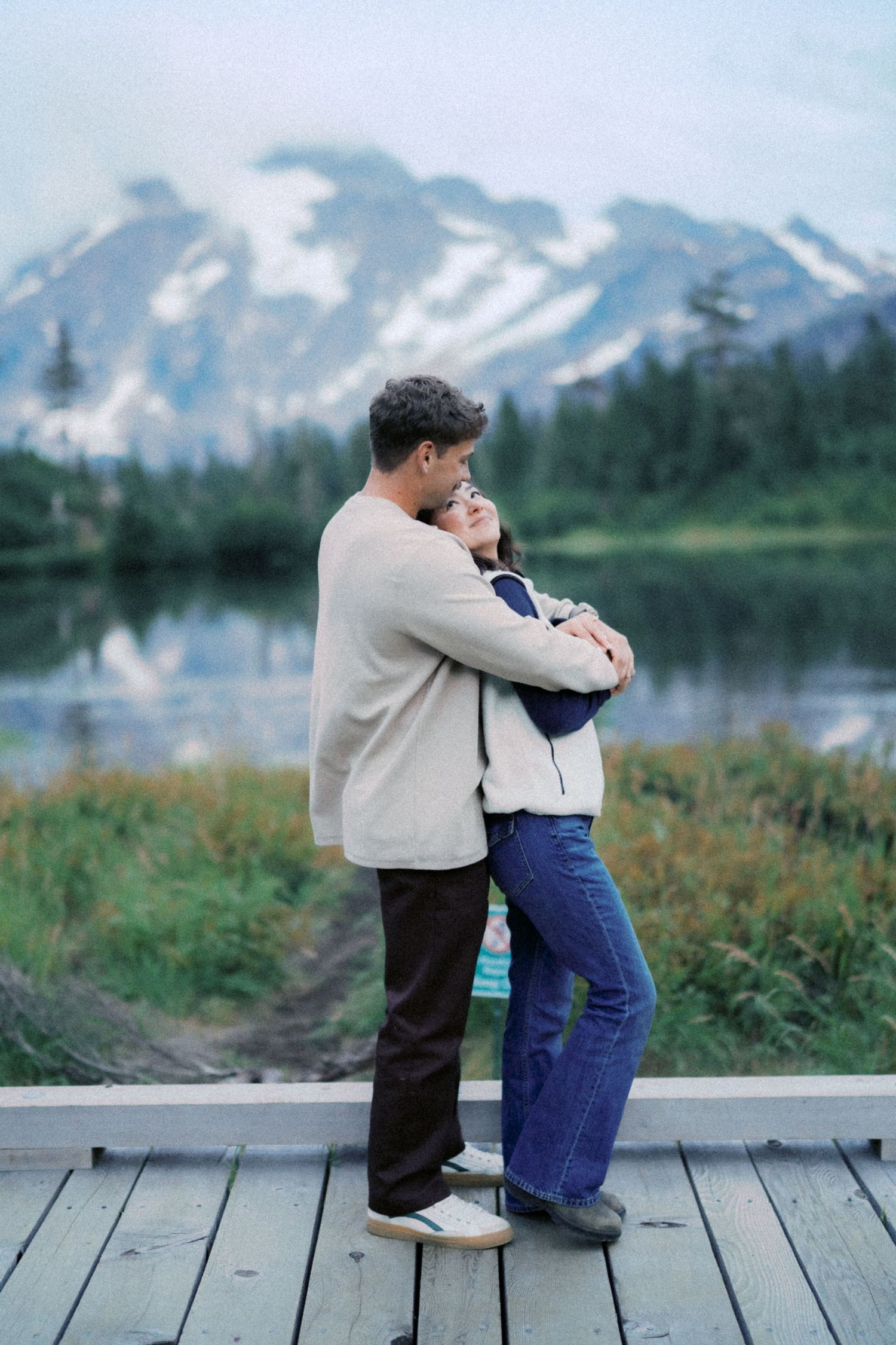 Newly engaged on the Picture Lake boardwalk, Artist Point proposal photographer, Mt Baker