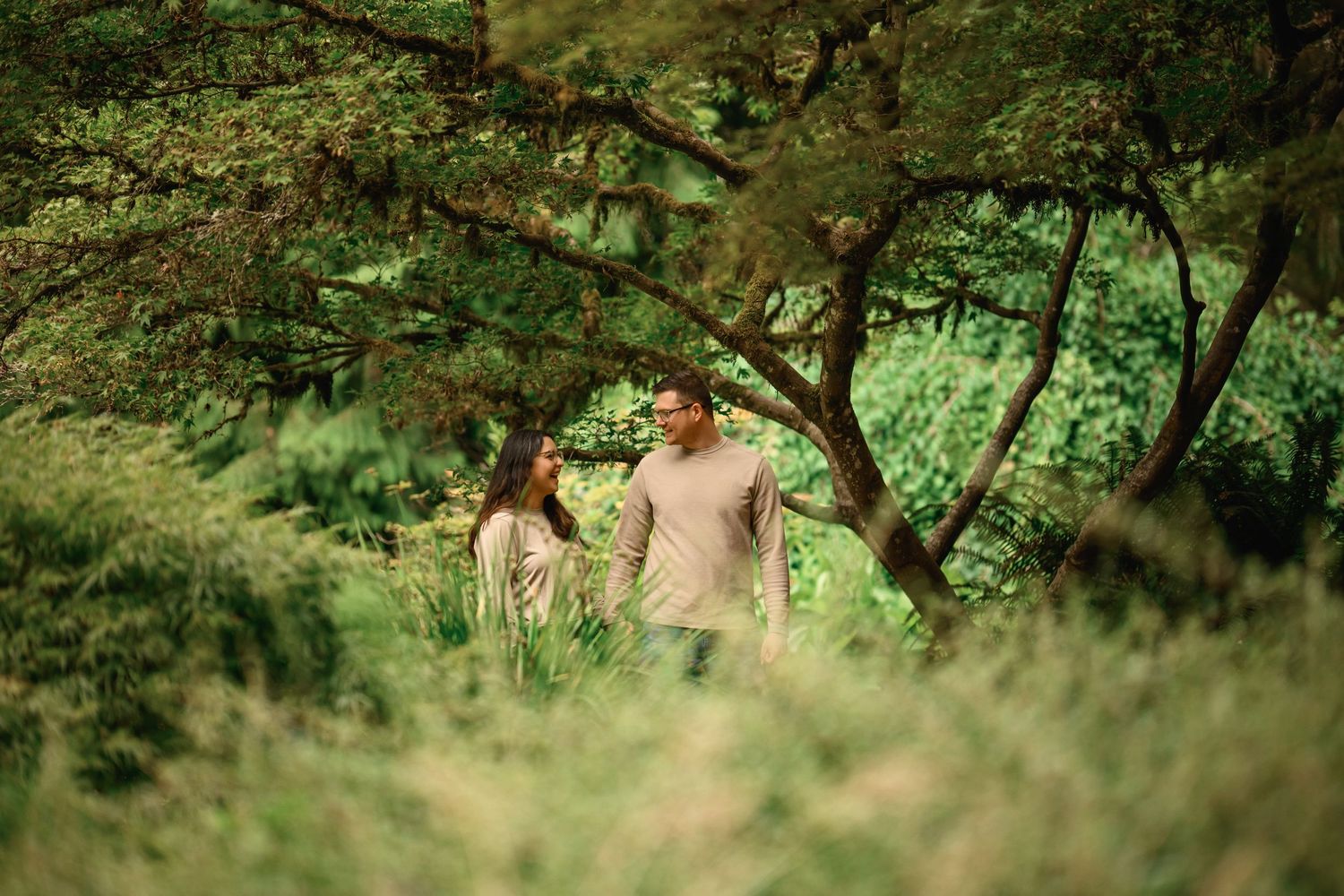 Couple standing in summer grasses under a wide tree canopy, Arboretum proposal photographer, Seattle