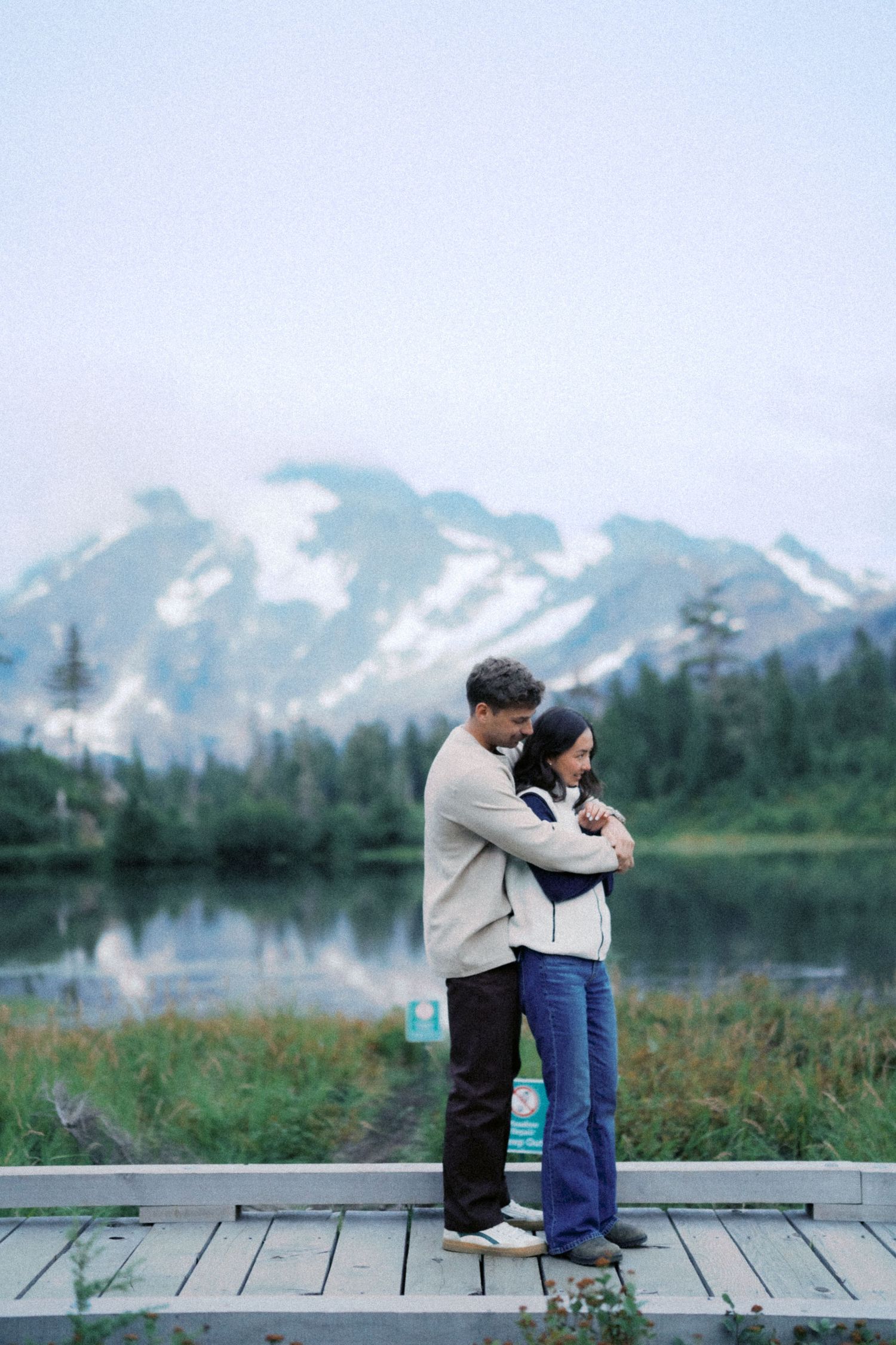 On the boardwalk at Picture Lake with Mt Shuksan reflected, Artist Point proposal photographer, Mt Baker