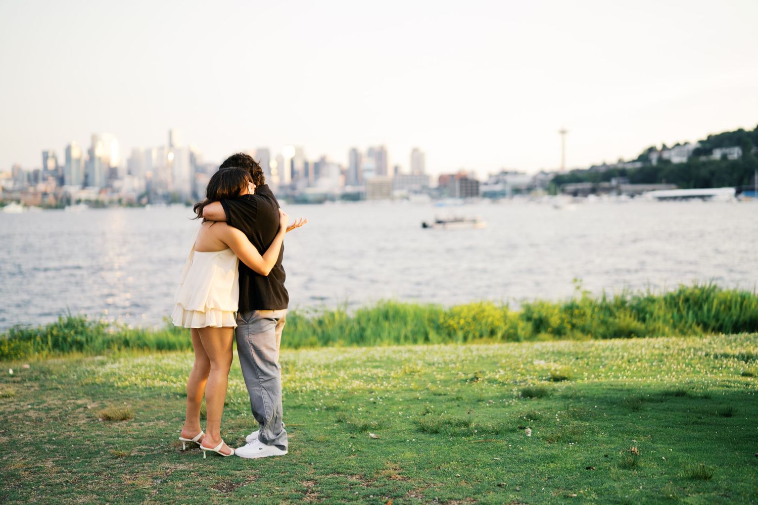 First embrace after she says yes at Gas Works Park, Seattle proposal photographer