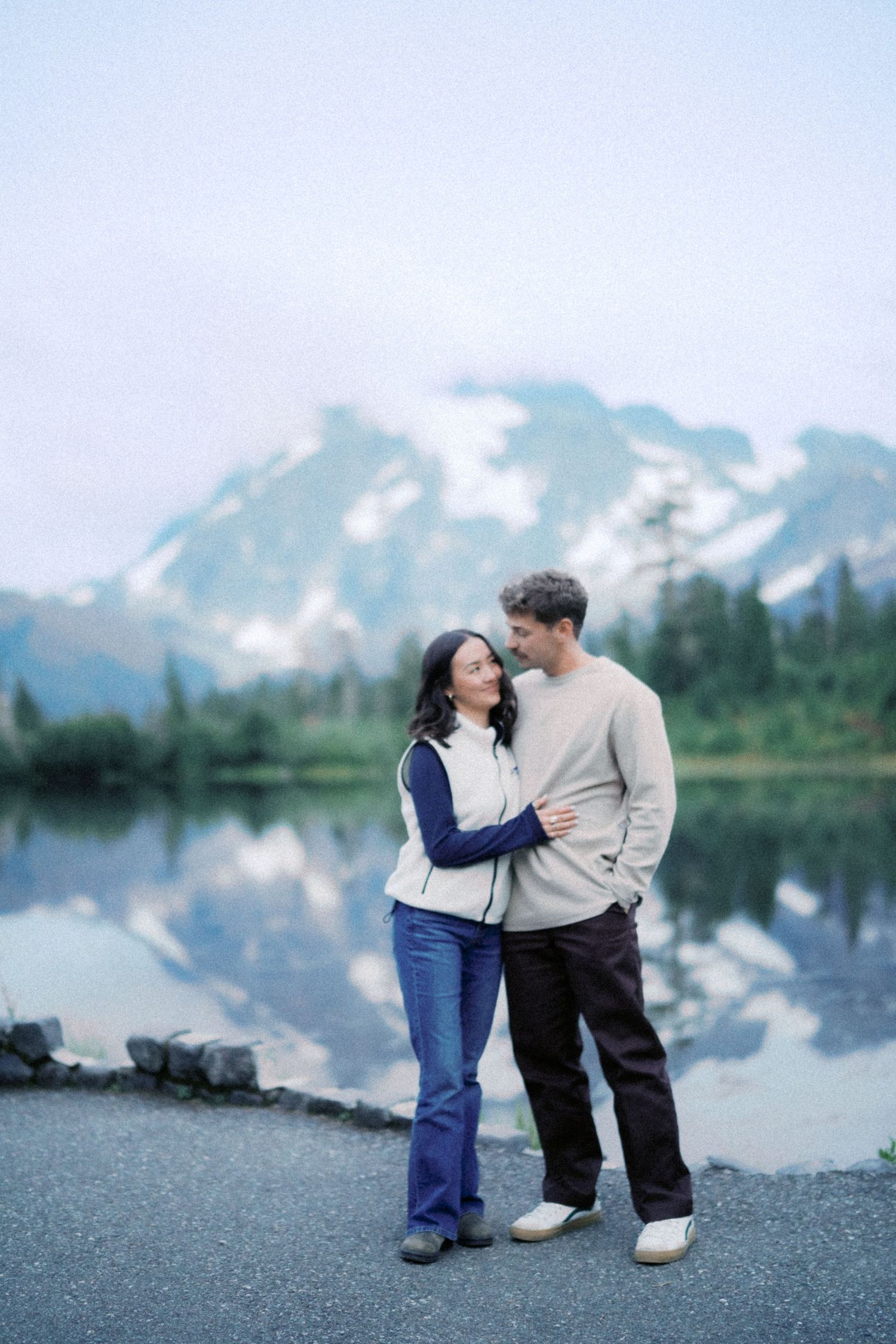 The two of them at the edge of Picture Lake, Artist Point proposal photographer, Mt Baker