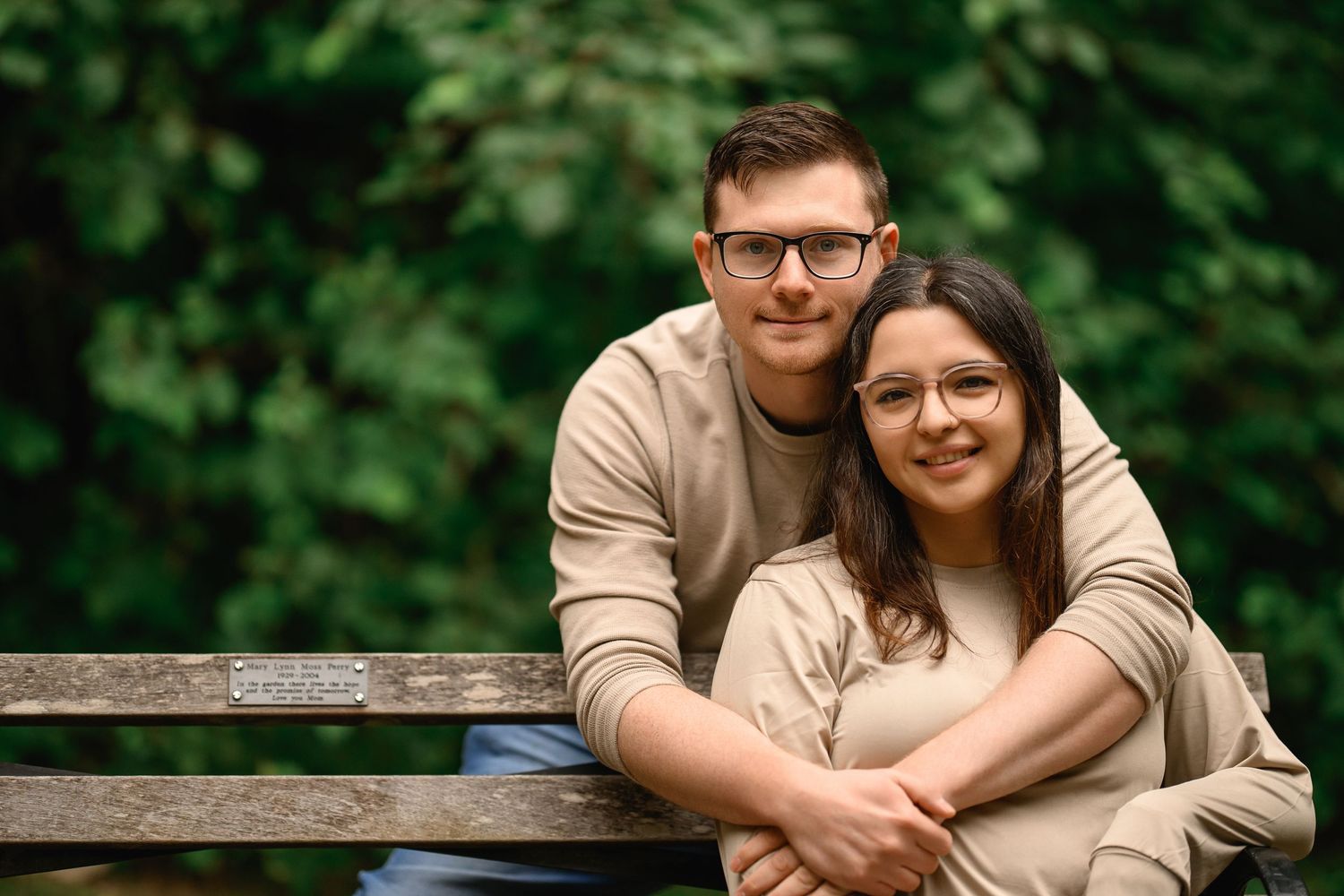 Engagement portraits at a park bench in the Arboretum trees, Washington Park Arboretum proposal photographer, Seattle