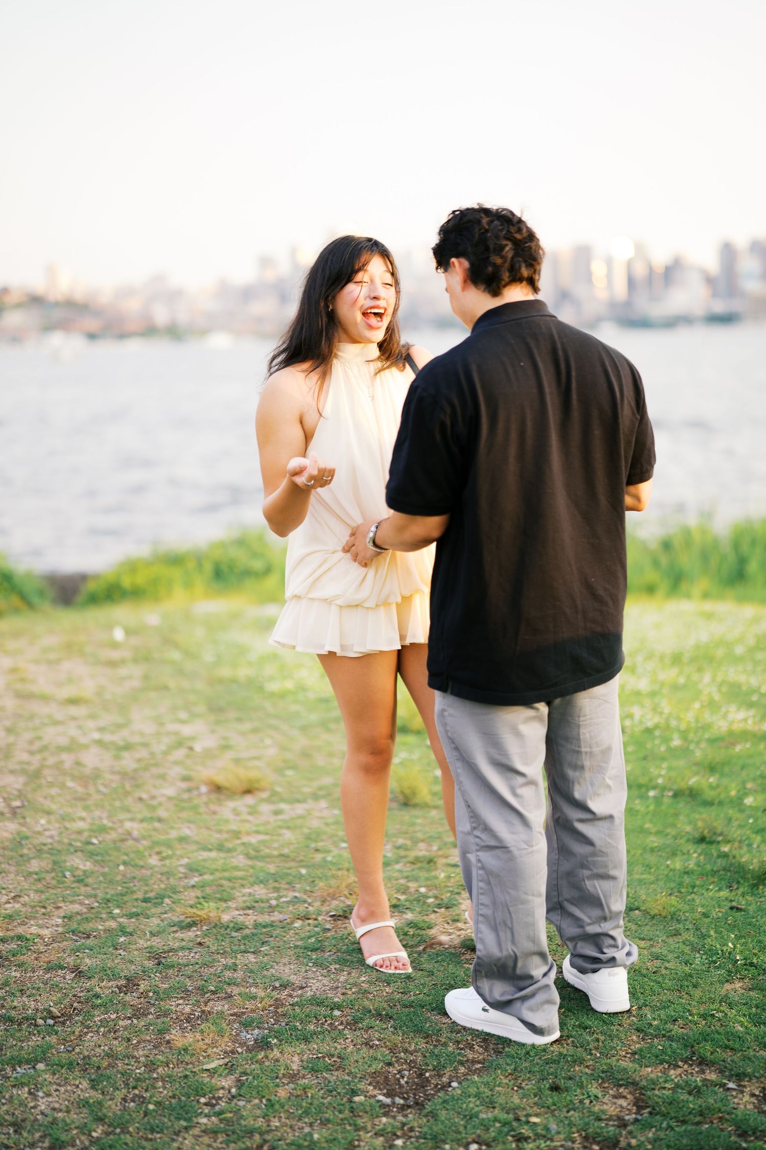 Couple looking at each other after the proposal, Gas Works Park proposal photographer Seattle