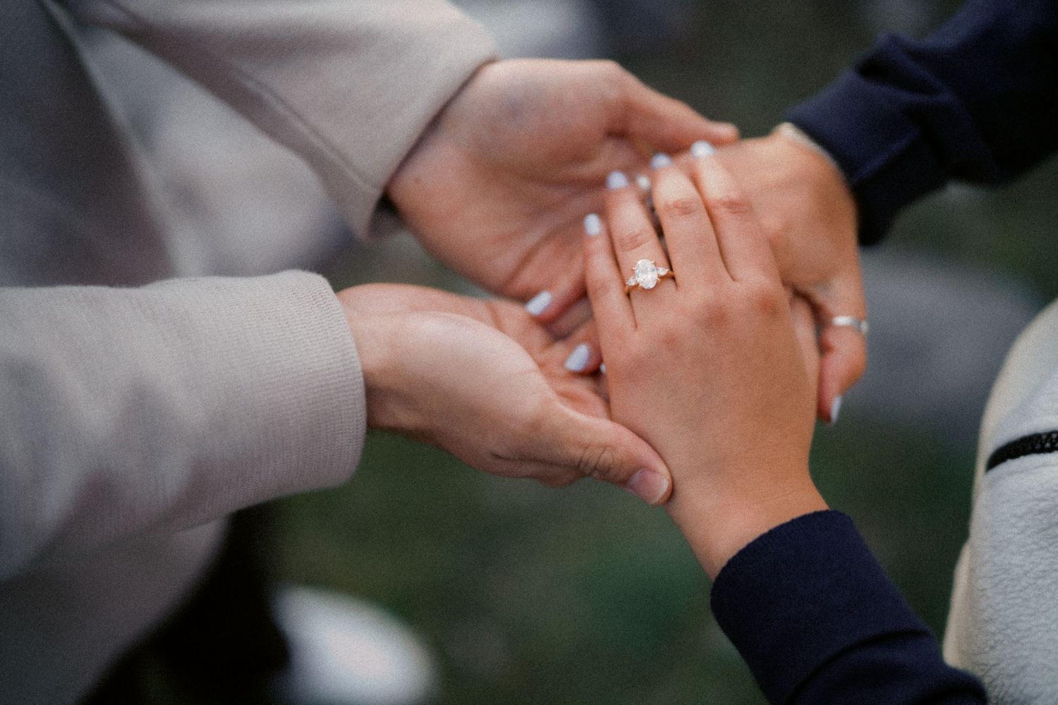 Close up of their hands and the engagement ring, Artist Point proposal photographer, Mt Baker