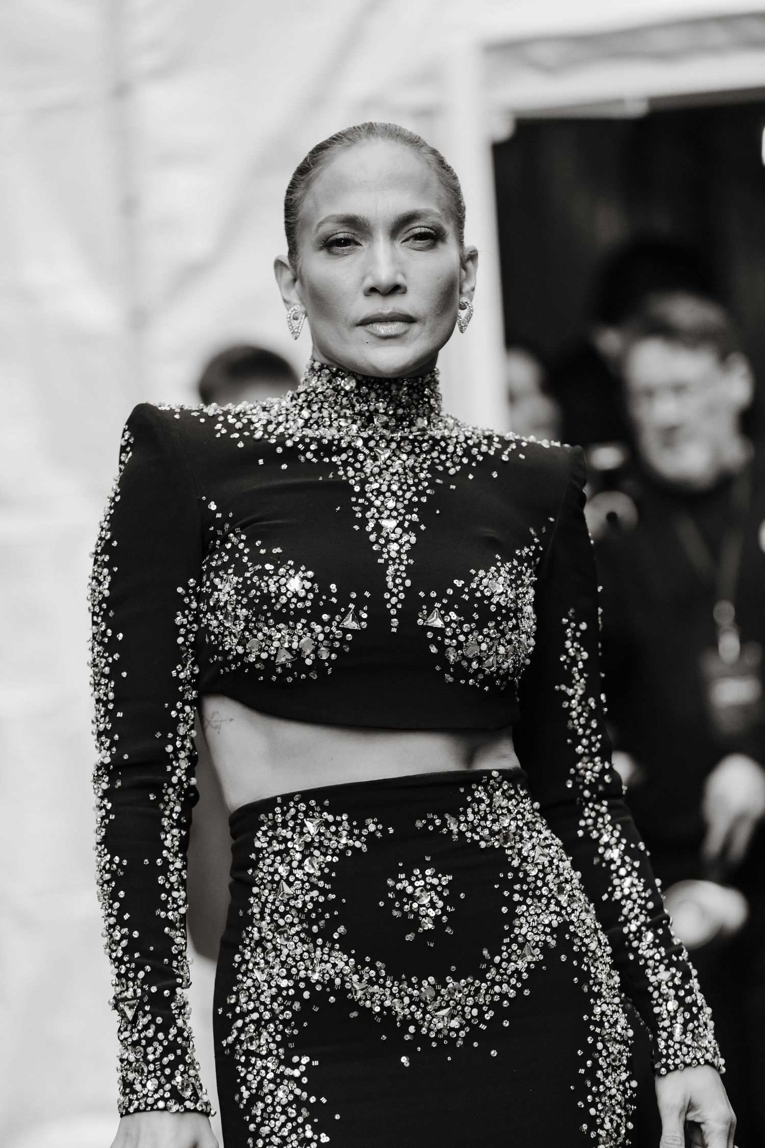 Glamorous black evening gown with sparkling embellishments on display on Jennifer Lopez at Othello Broadway