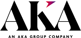 Black and white logo design for Akama showing stylized text with a pink triangular accent mark.