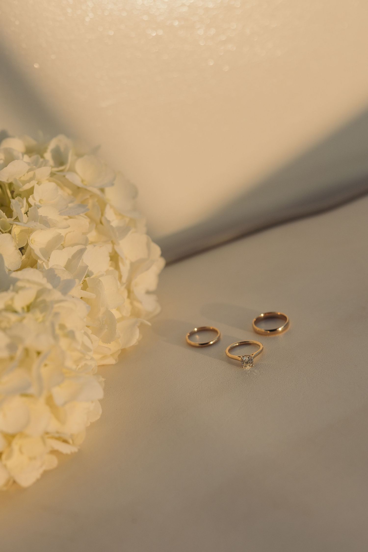 Wedding rings and white hydrangea flowers arranged on a neutral surface in soft lighting.