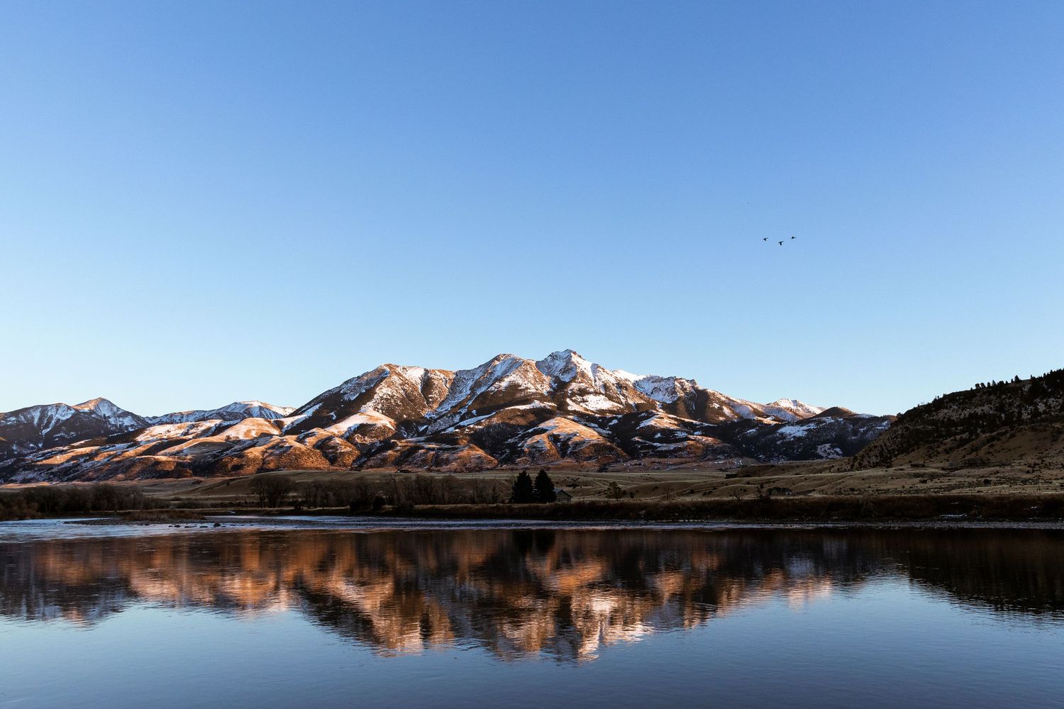 Snow-capped mountain peaks reflect perfectly in a still lake during golden hour with clear blue skies above.