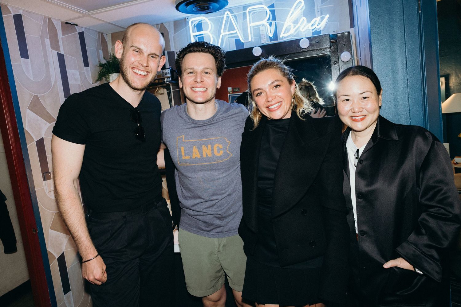 Johnathan groff and florence pugh backstage at just in time on broadway