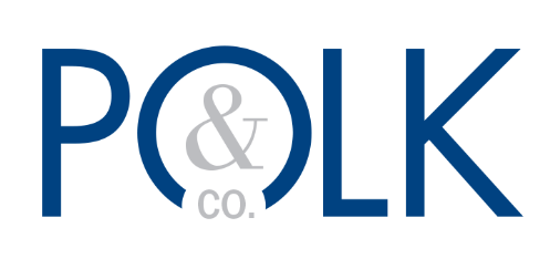 Blue and white Polk company logos and branding variations arranged in a horizontal row.