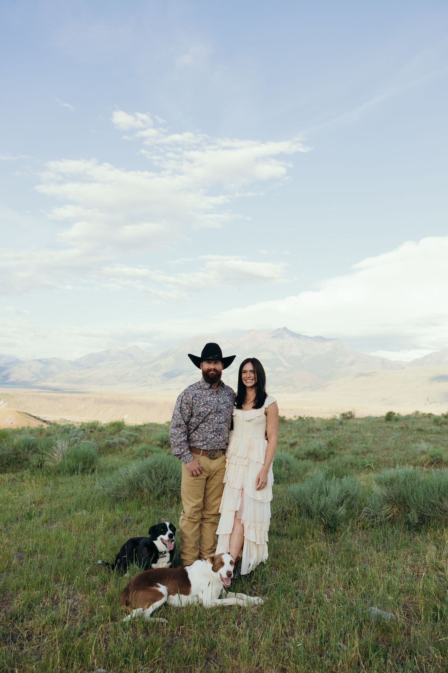 A couple poses with their border collie dog on a grassy hillside during a golden hour photoshoot.
