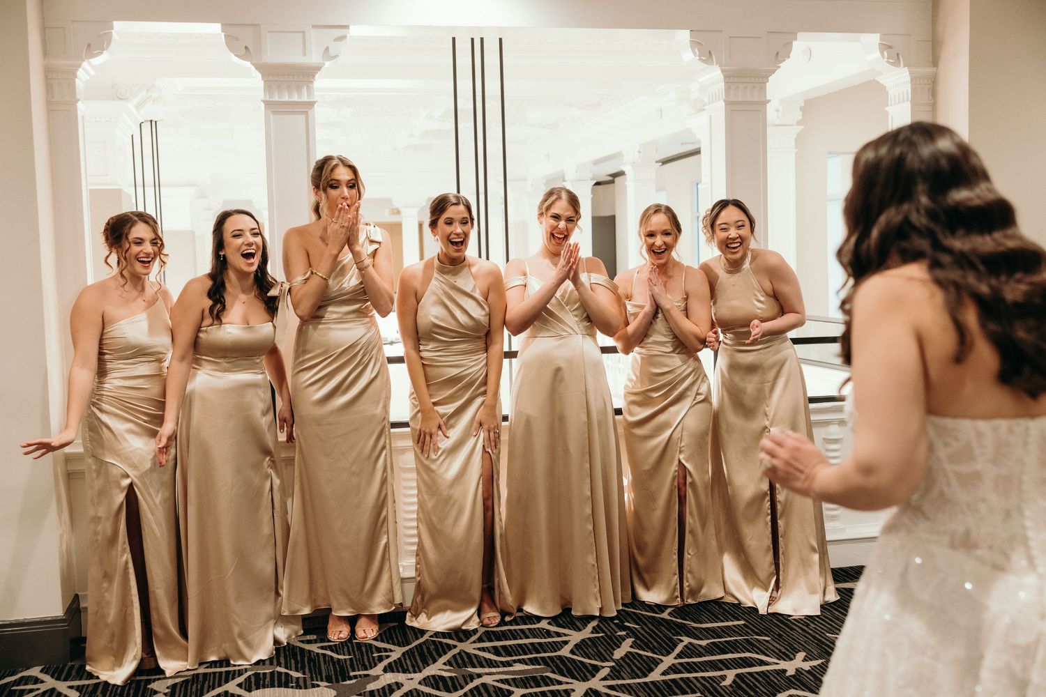 A group of bridesmaids in champagne colored dresses gather together in a collage of wedding day moments.