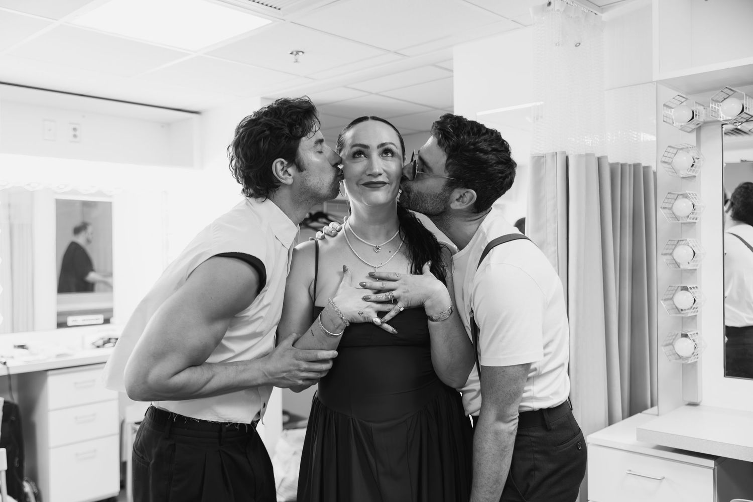 Black and white photographs showing intimate moments in an indoor setting.