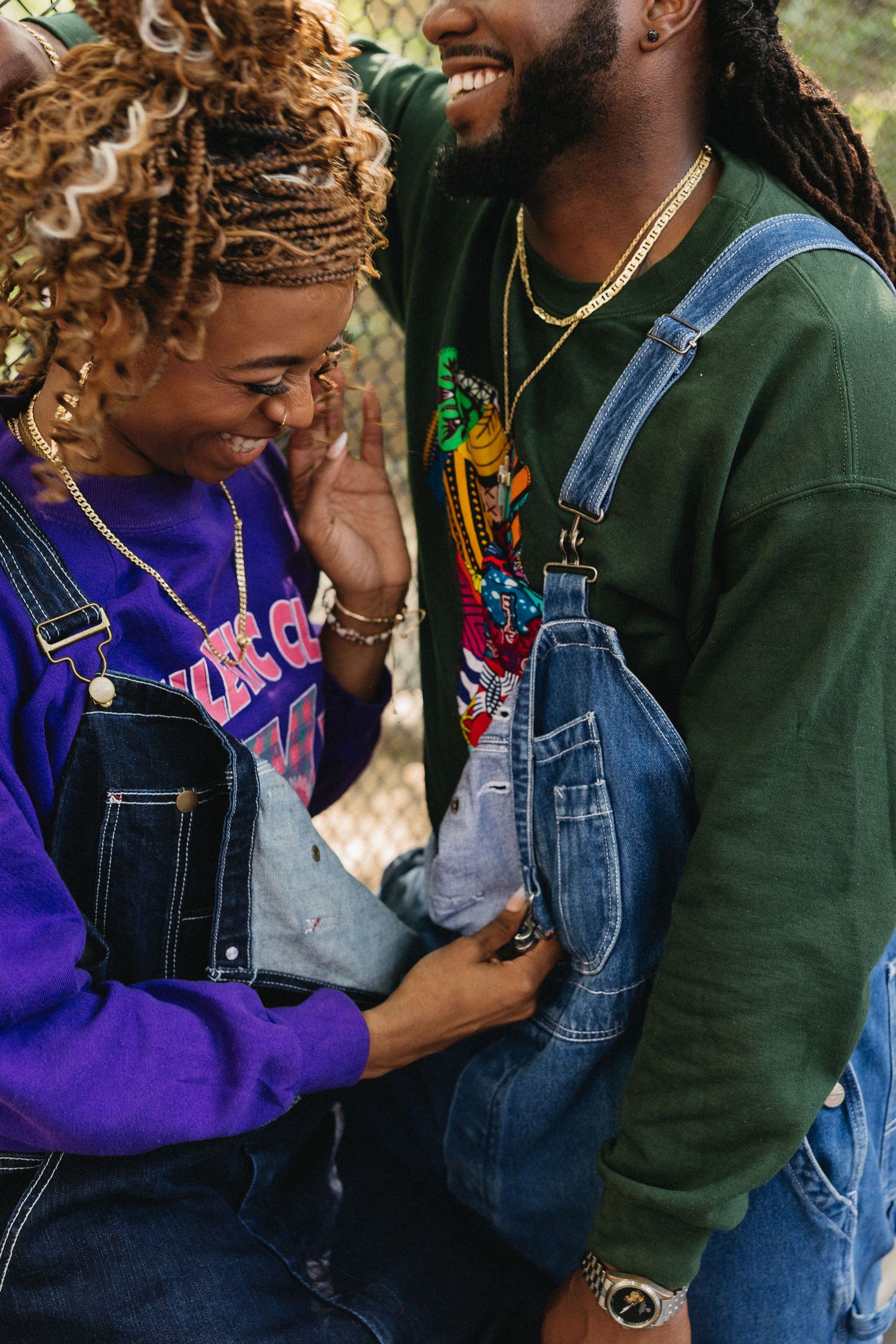 Close-up shots of two people in casual wear sharing a moment outdoors.