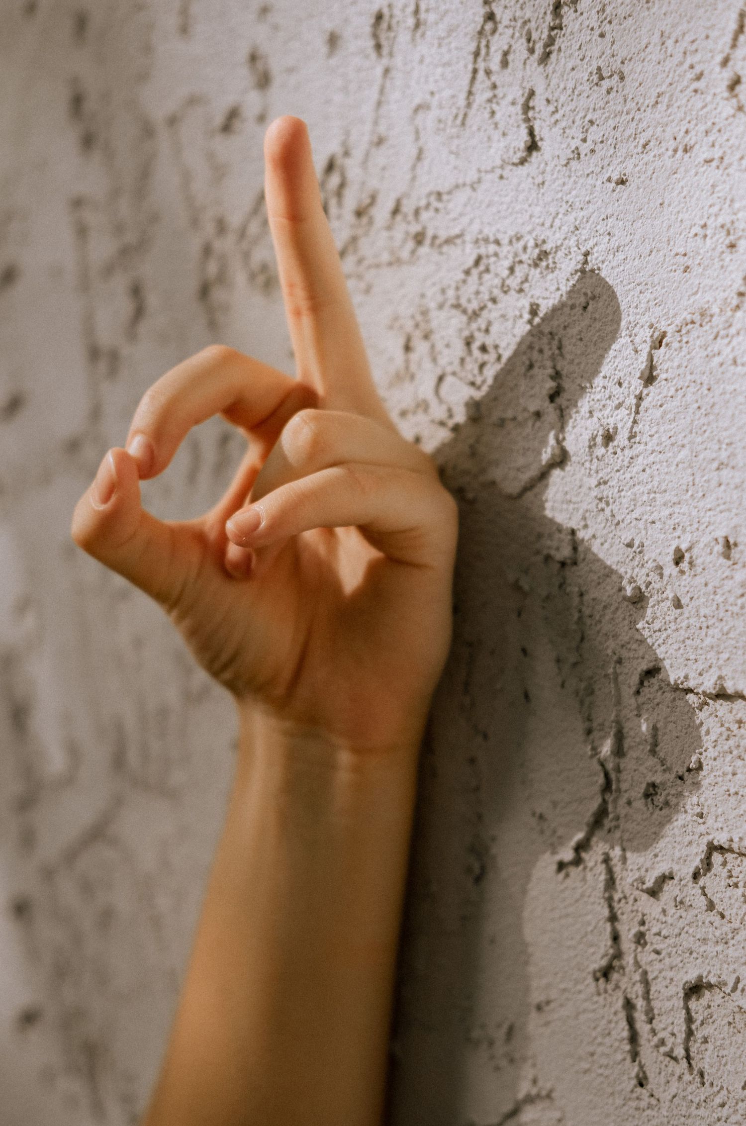 Photo of a middle finger against a white wall