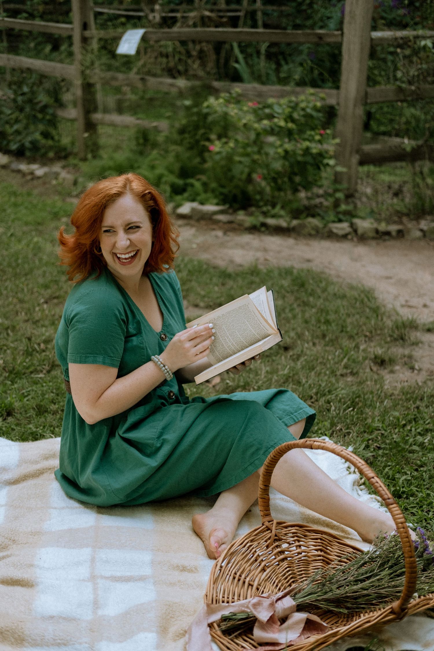 Photo of a girl in a garden wearing a vintage dress