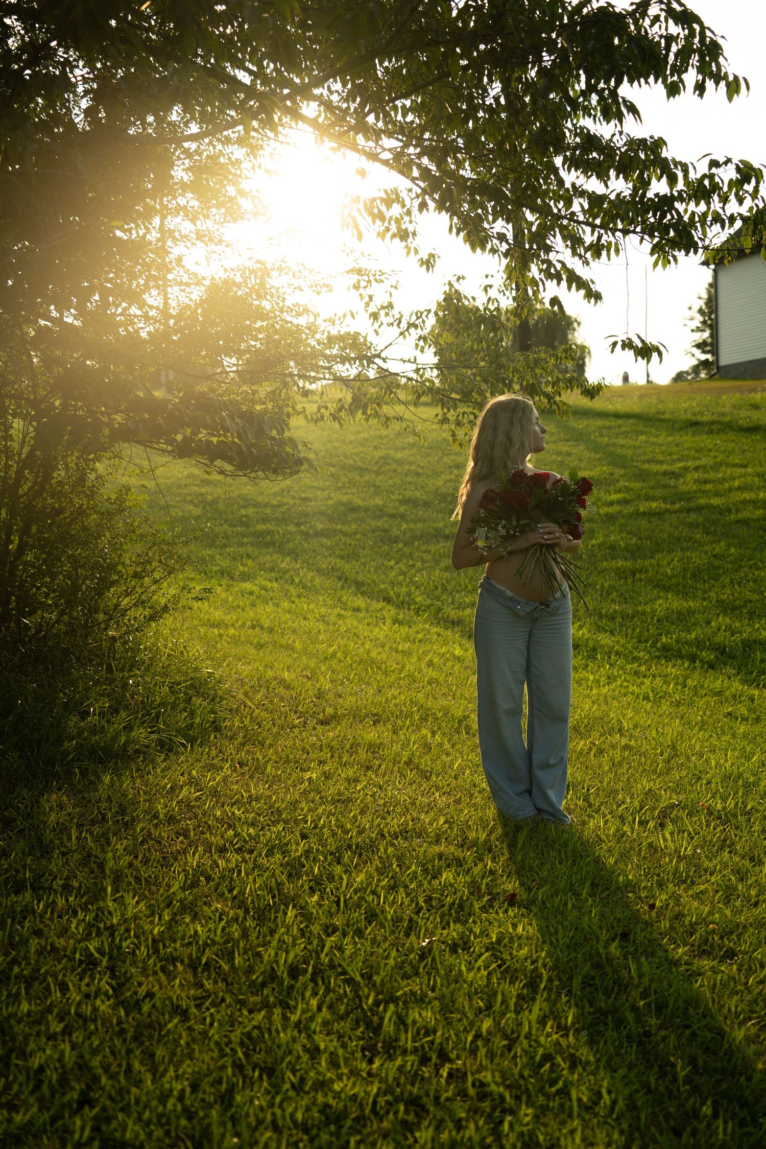 Young woman holding a puppy in golden sunset light on lush green farm lawn.
