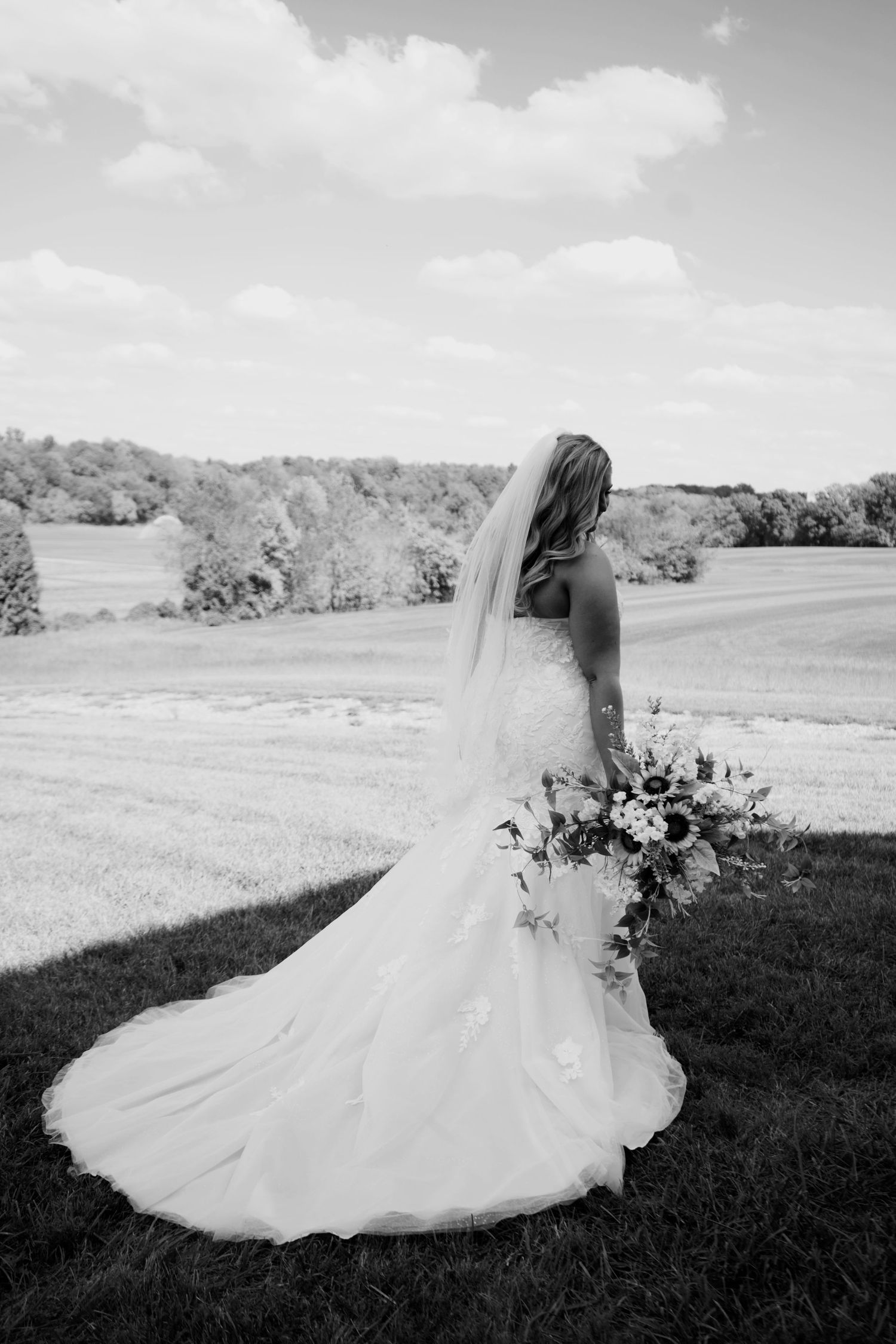 Black and white bridal portrait showing a flowing wedding dress against a scenic hillside landscape.