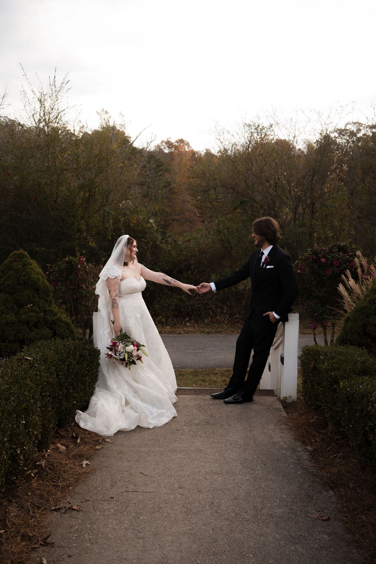 A series of artistic wedding photos showing a couple on a path surrounded by autumn foliage.