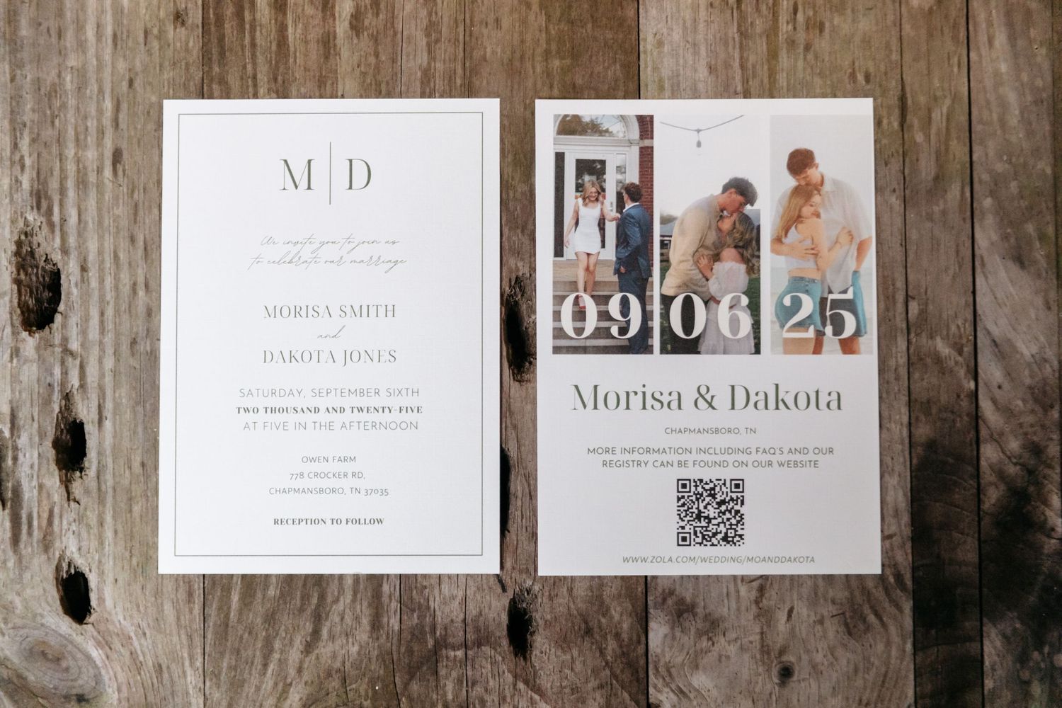 Wedding invitations and RSVP cards displayed on rustic wooden background with elegant typography and minimalist design.
