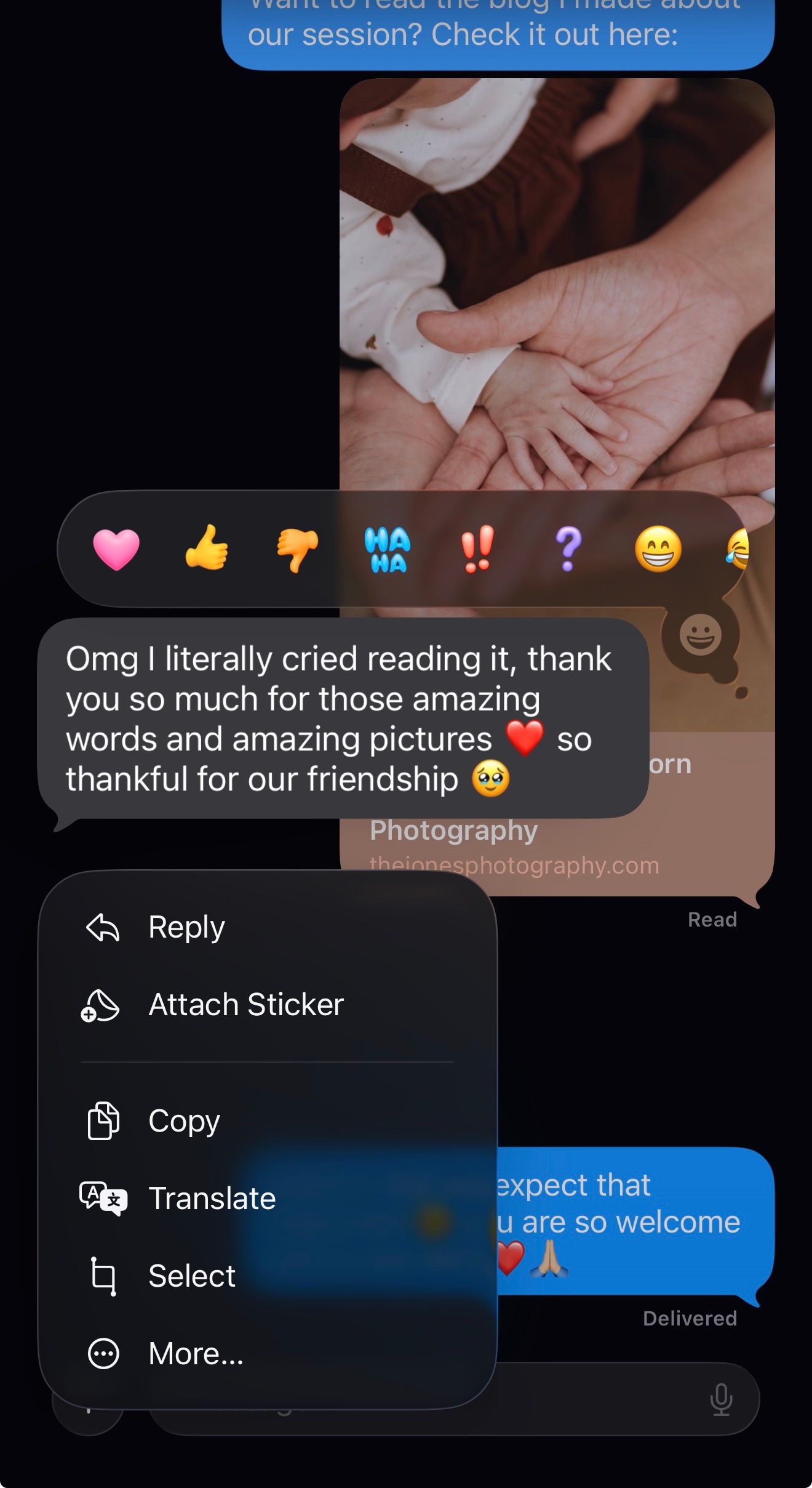 Mobile chat interface showing text message exchanges with emoji reactions and action buttons like Reply and Translate.