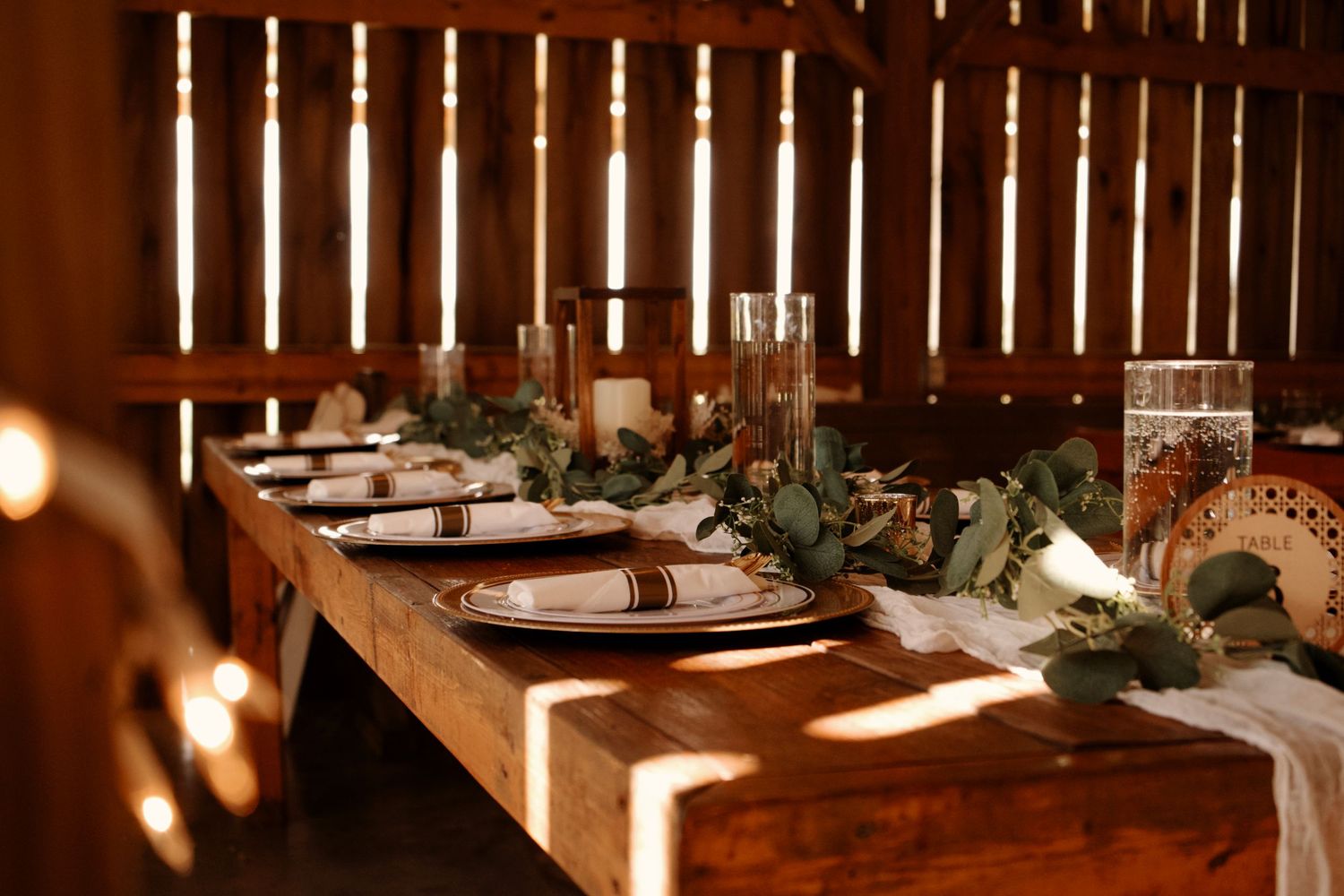 Sunlight streams through wooden barn slats creating dramatic lighting patterns on interior walls.