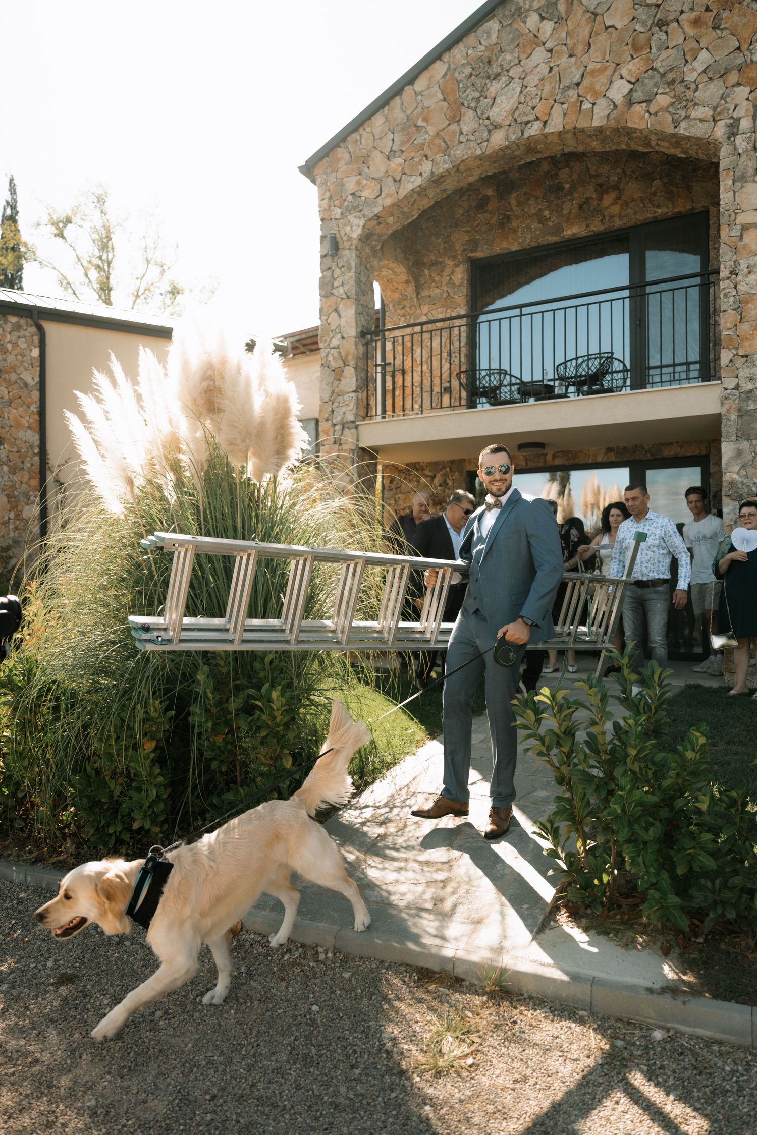 A playful golden retriever jumps for a treat in front of a rustic stone building during an outdoor gathering.