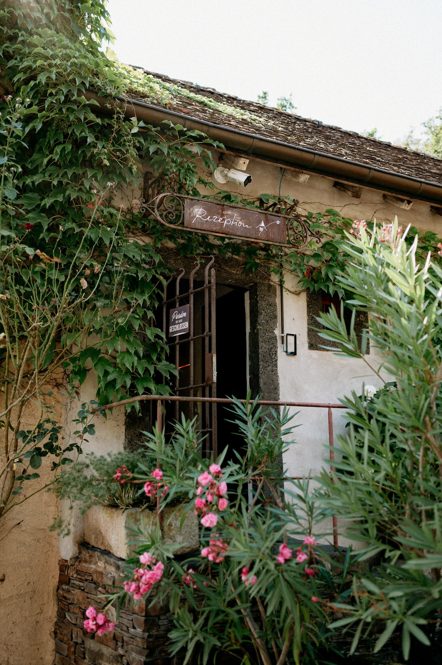 Rustic building exterior with pink flowers and tropical plants growing along the walls.