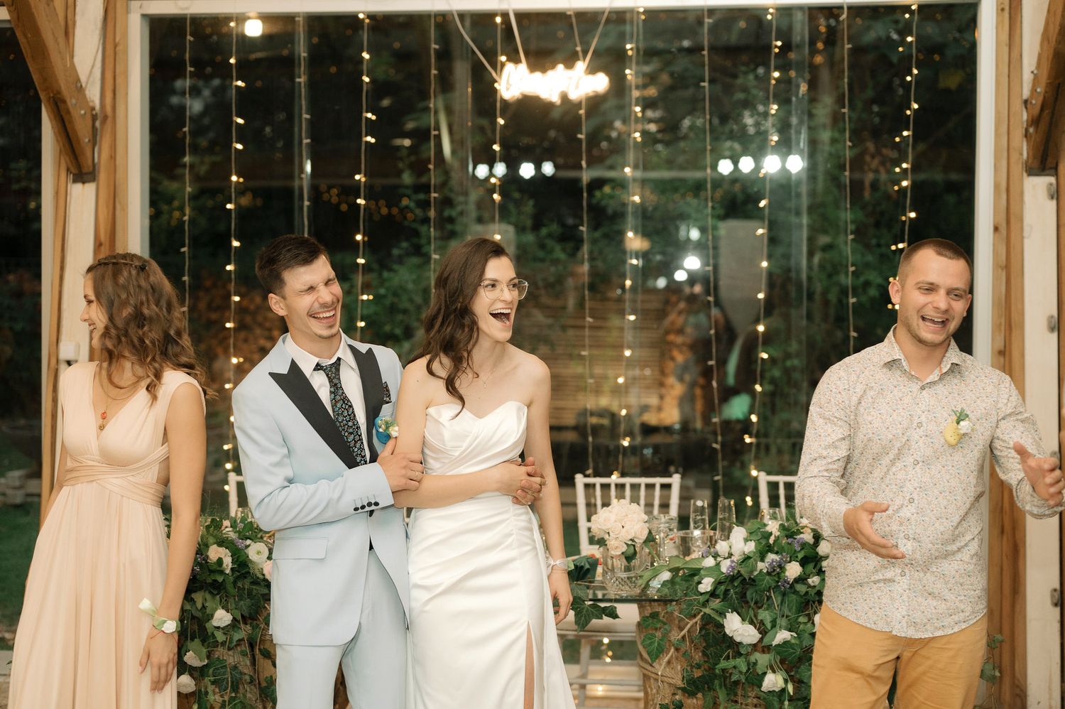 A sequence of wedding reception photos showing dancing, celebration and joy at an evening event with string lights.