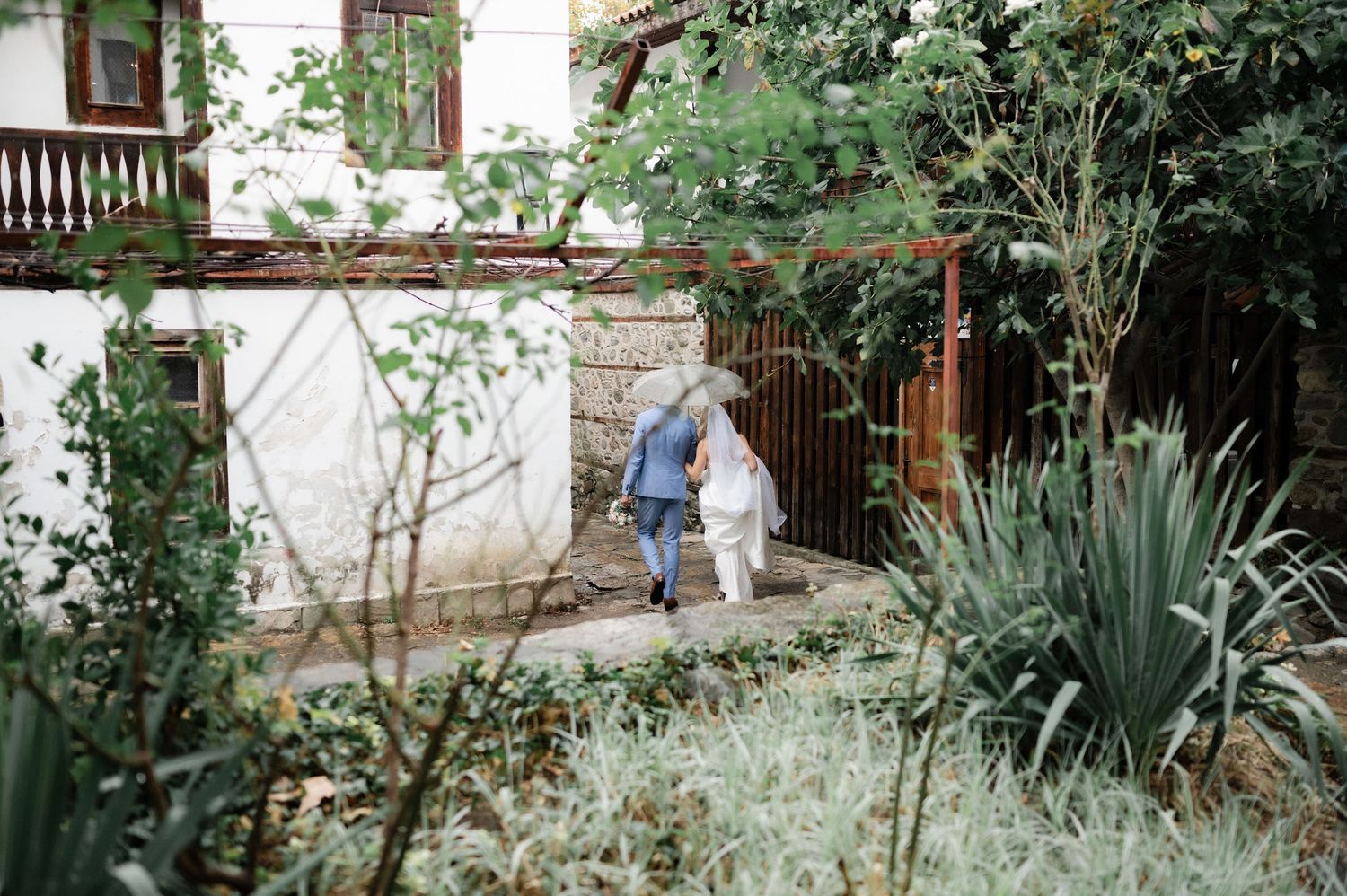A lush garden pathway leads through a wooden pergola with climbing vines and greenery.