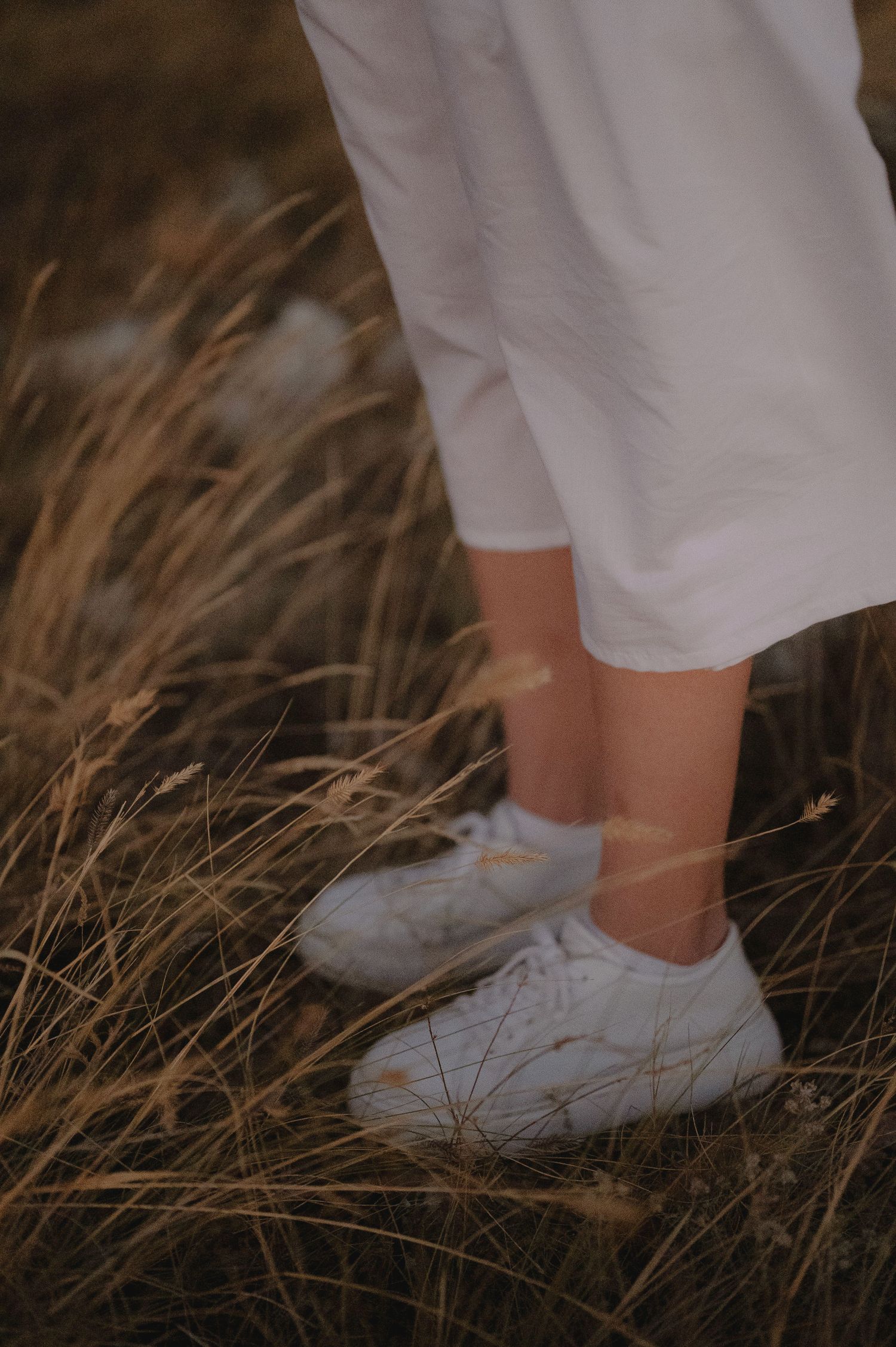 White sneakers walking through tall dried grass in a field at sunset.