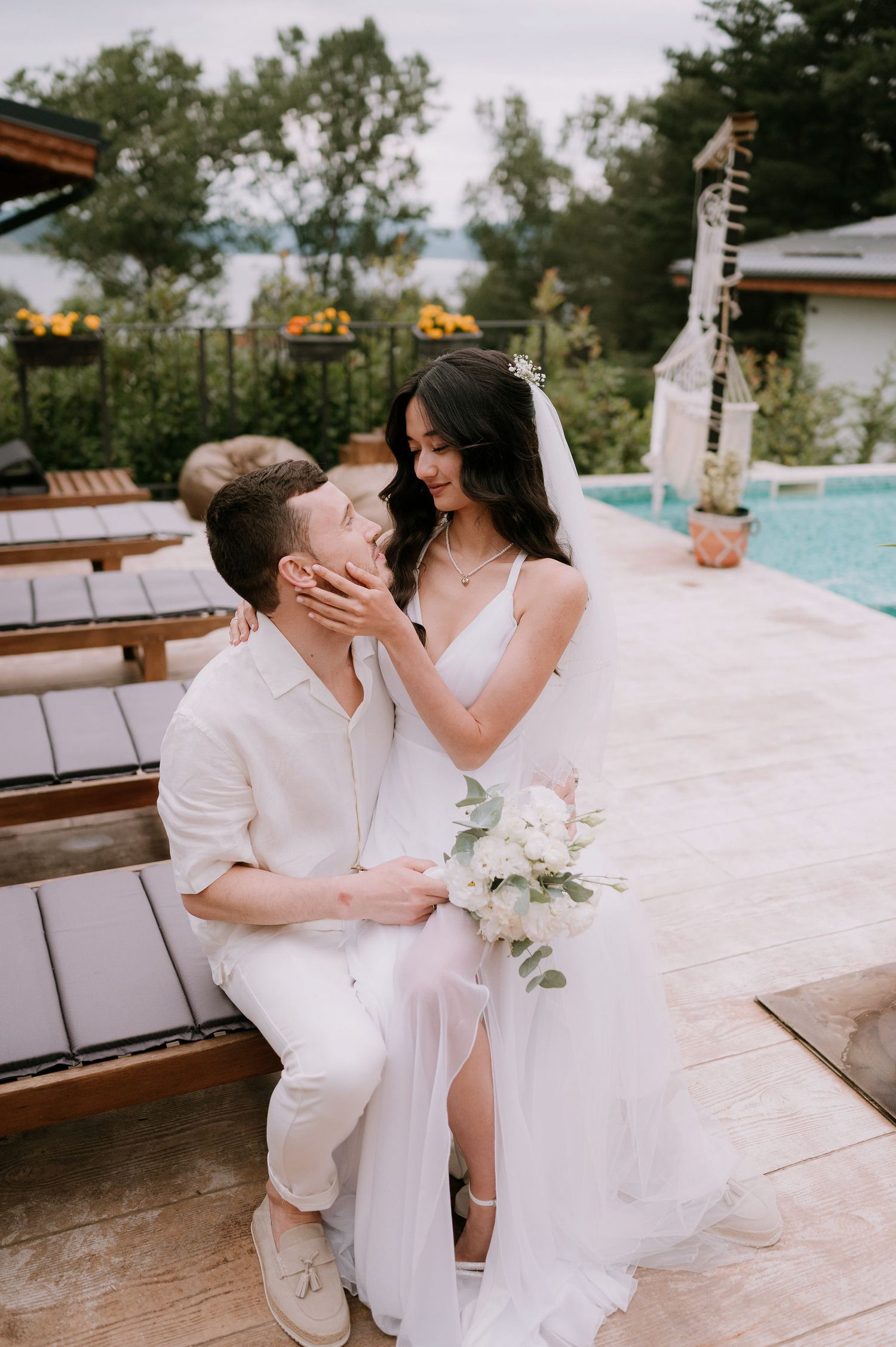 Candid wedding photo series showing tender moments between couple by pool.