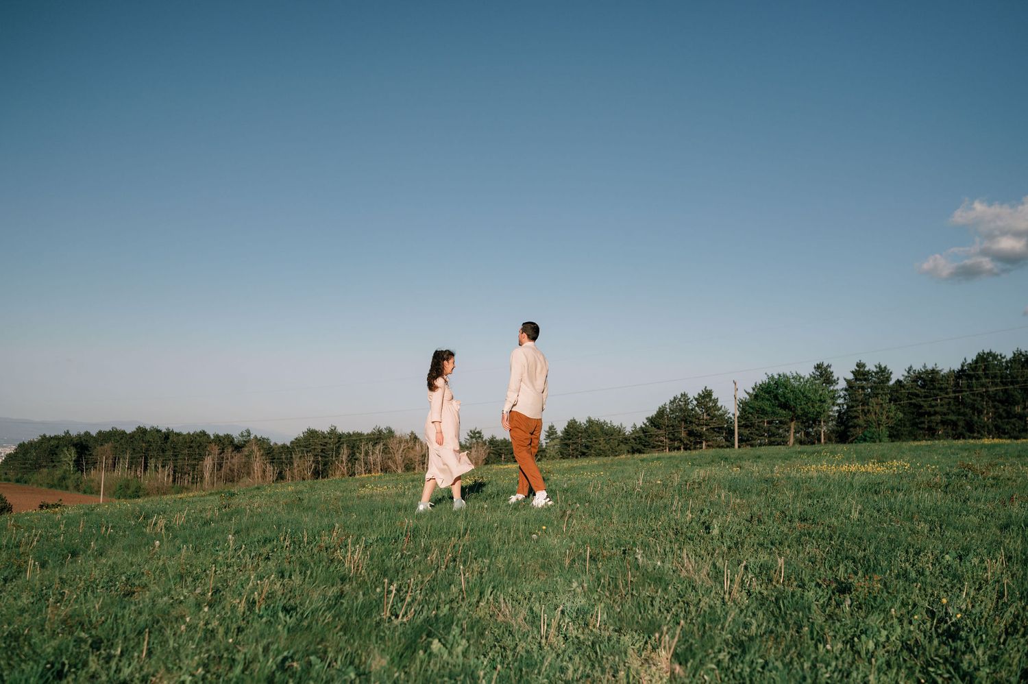 Two people walk together across a serene green meadow on a sunny summer day.