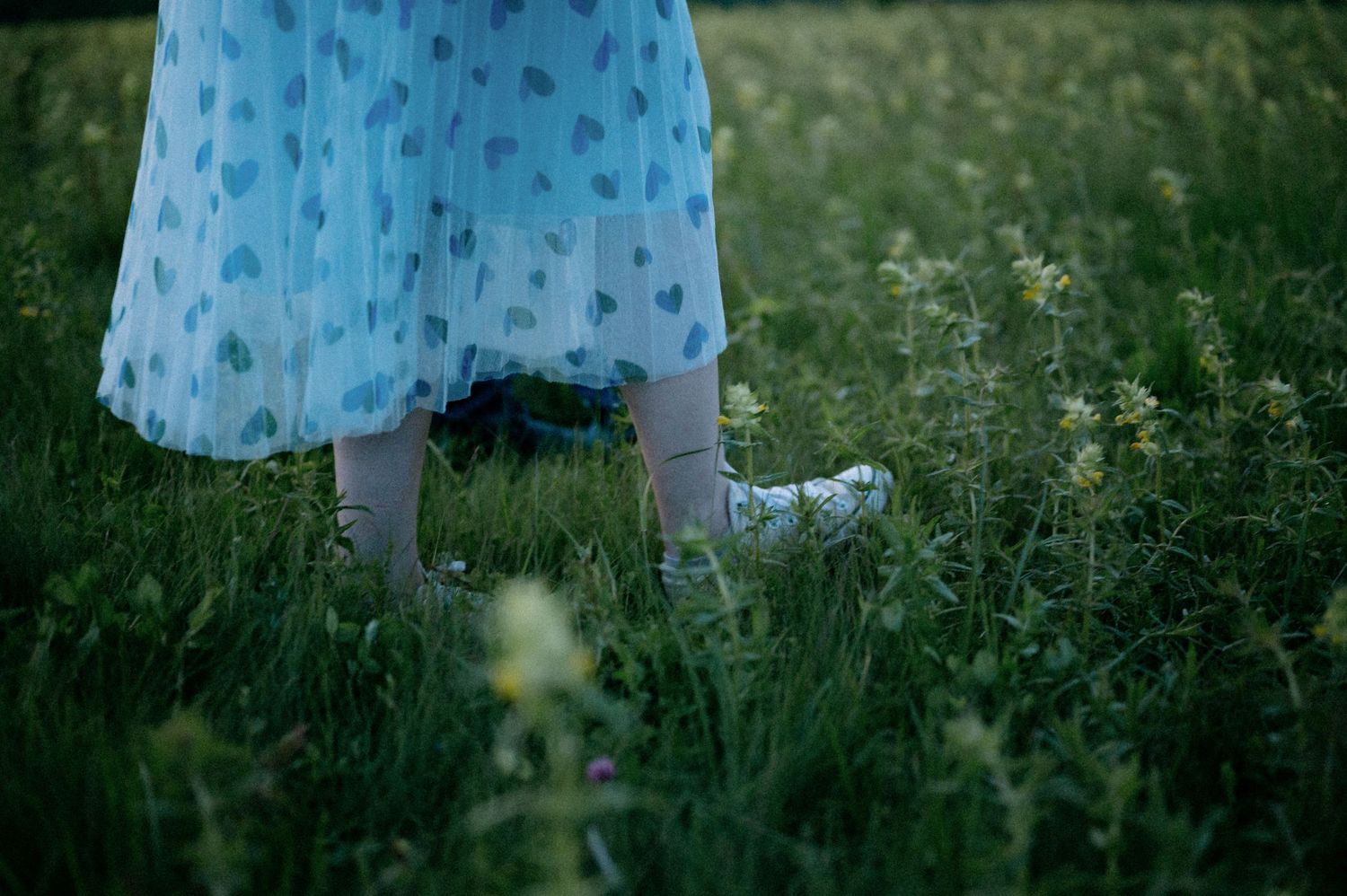 A polka dot dress twirls in a grassy meadow during an intimate outdoor photoshoot.
