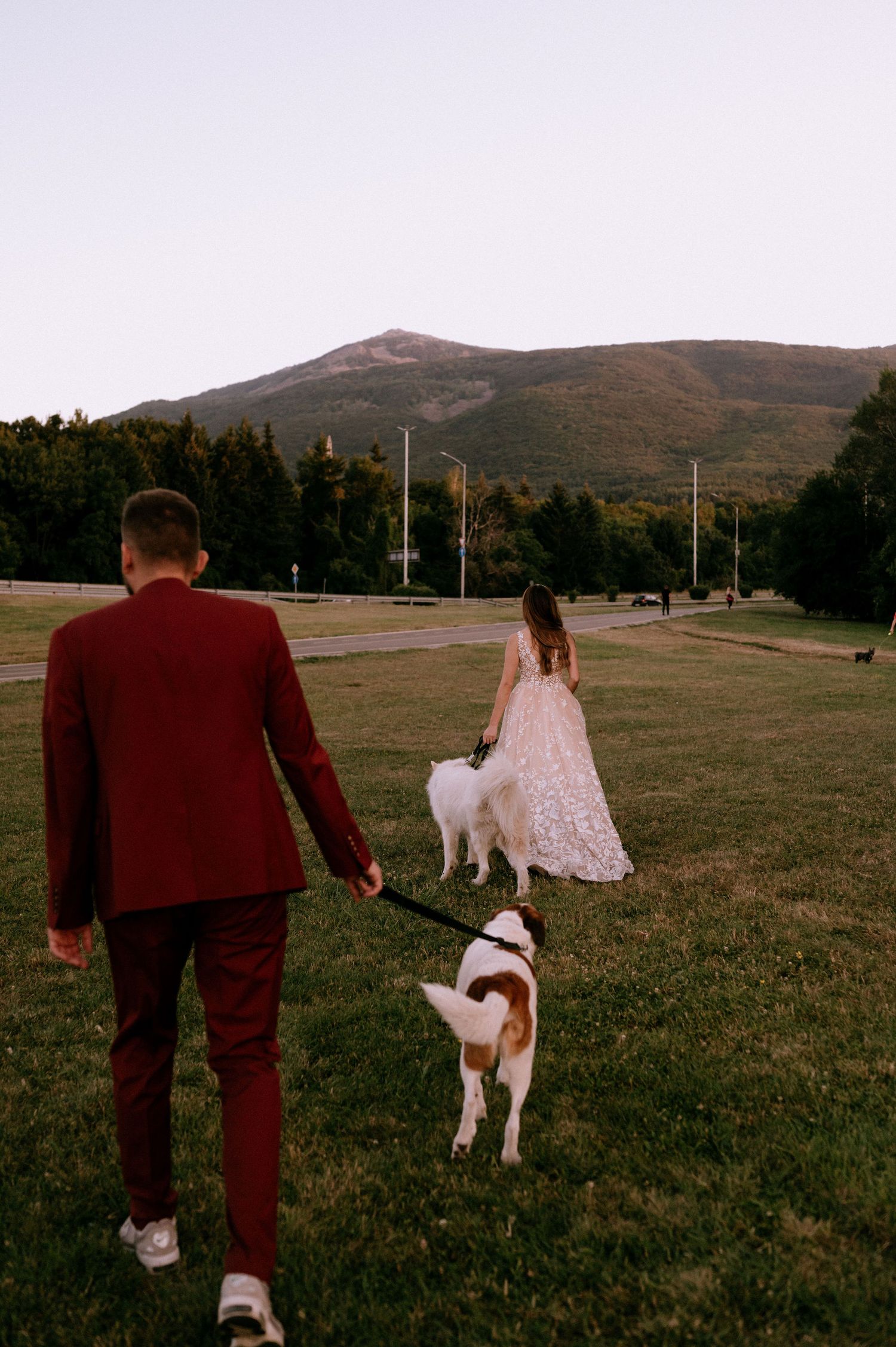 Two people and their dog walk together across a scenic mountain field at sunset.