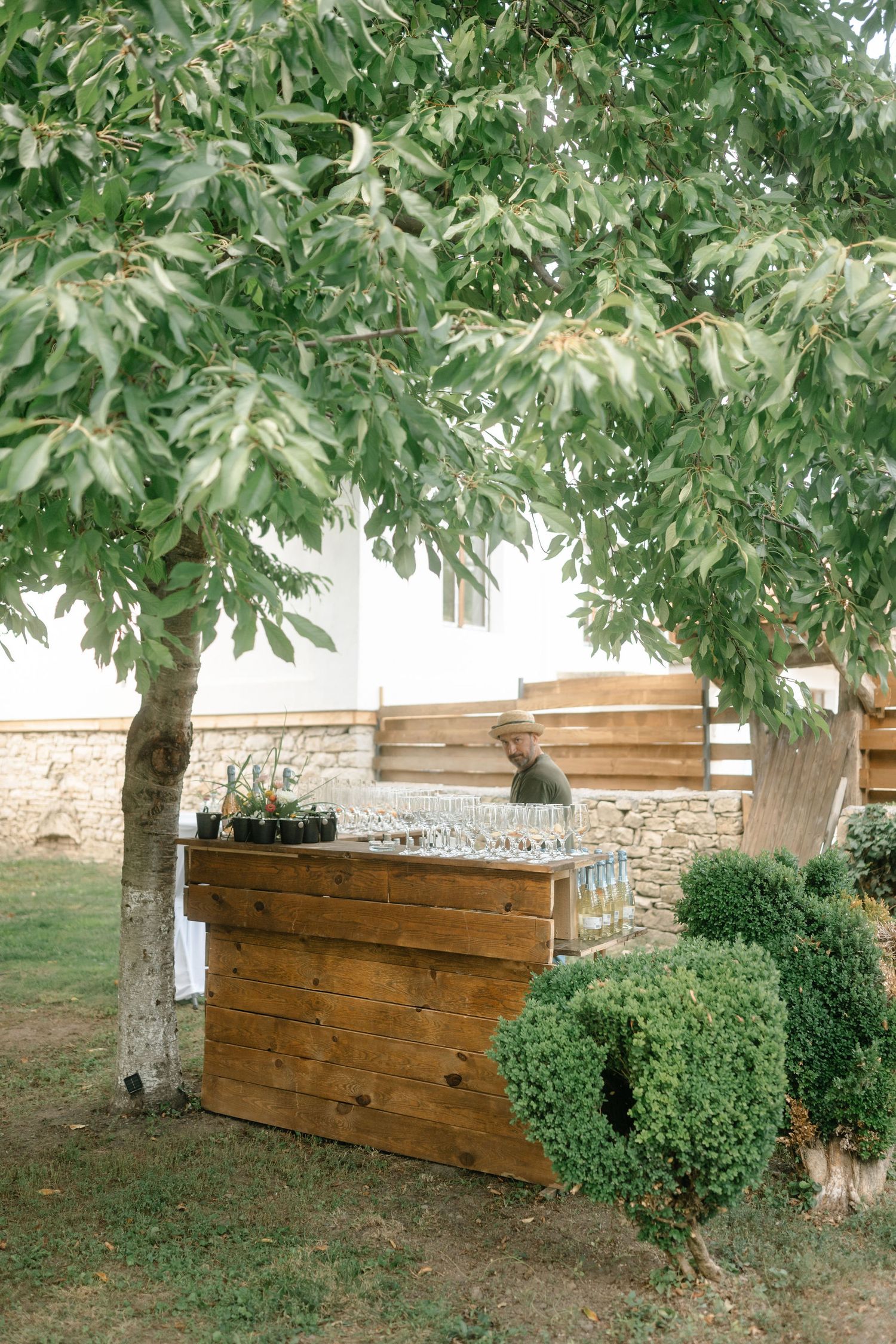 Rustic wooden bar setup with decorative boxwood shrubs underneath shady trees in an outdoor event space.