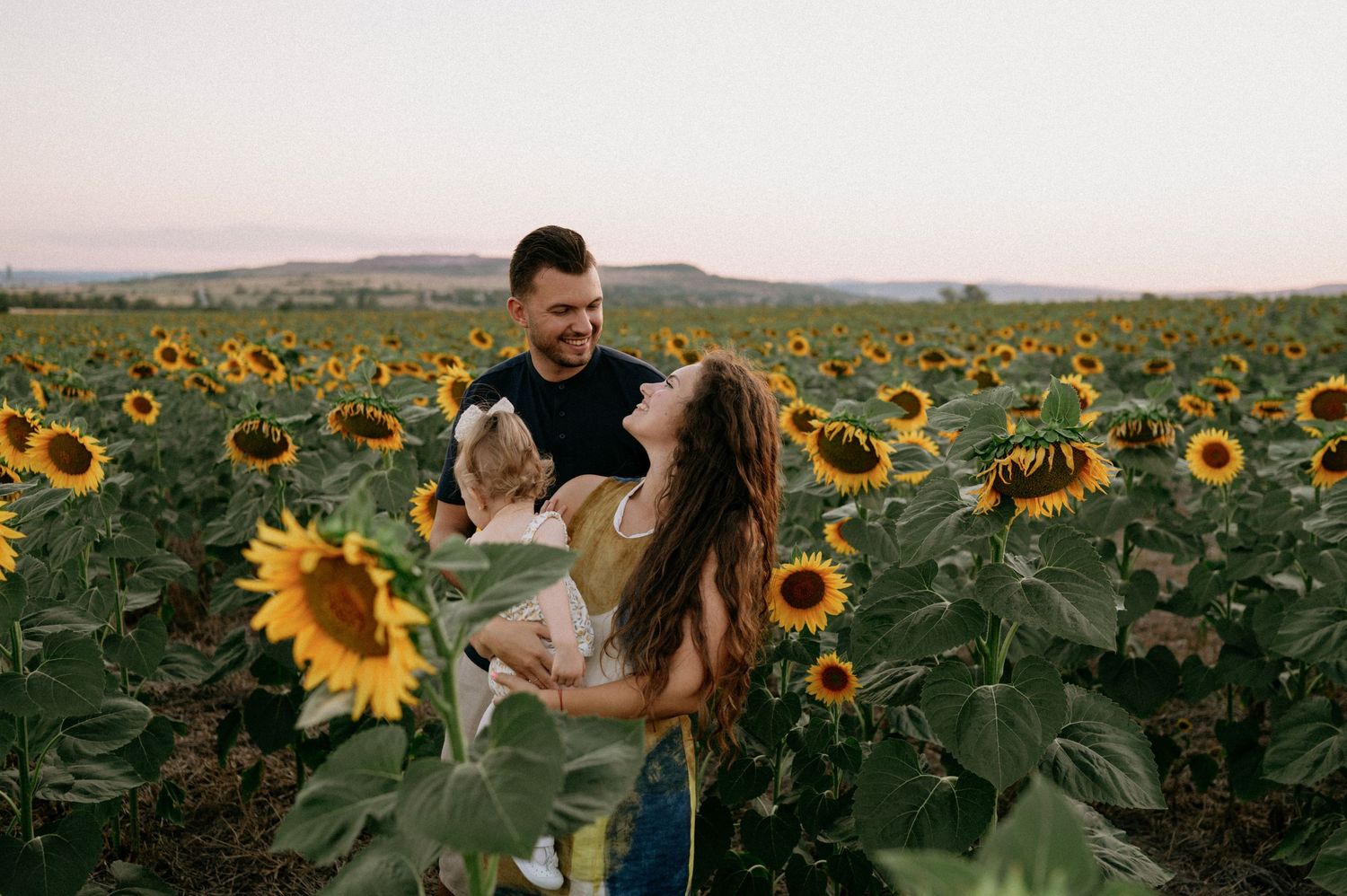 A happy family with a baby enjoys a sunny sunflower field, smiling and laughing together at golden hour.