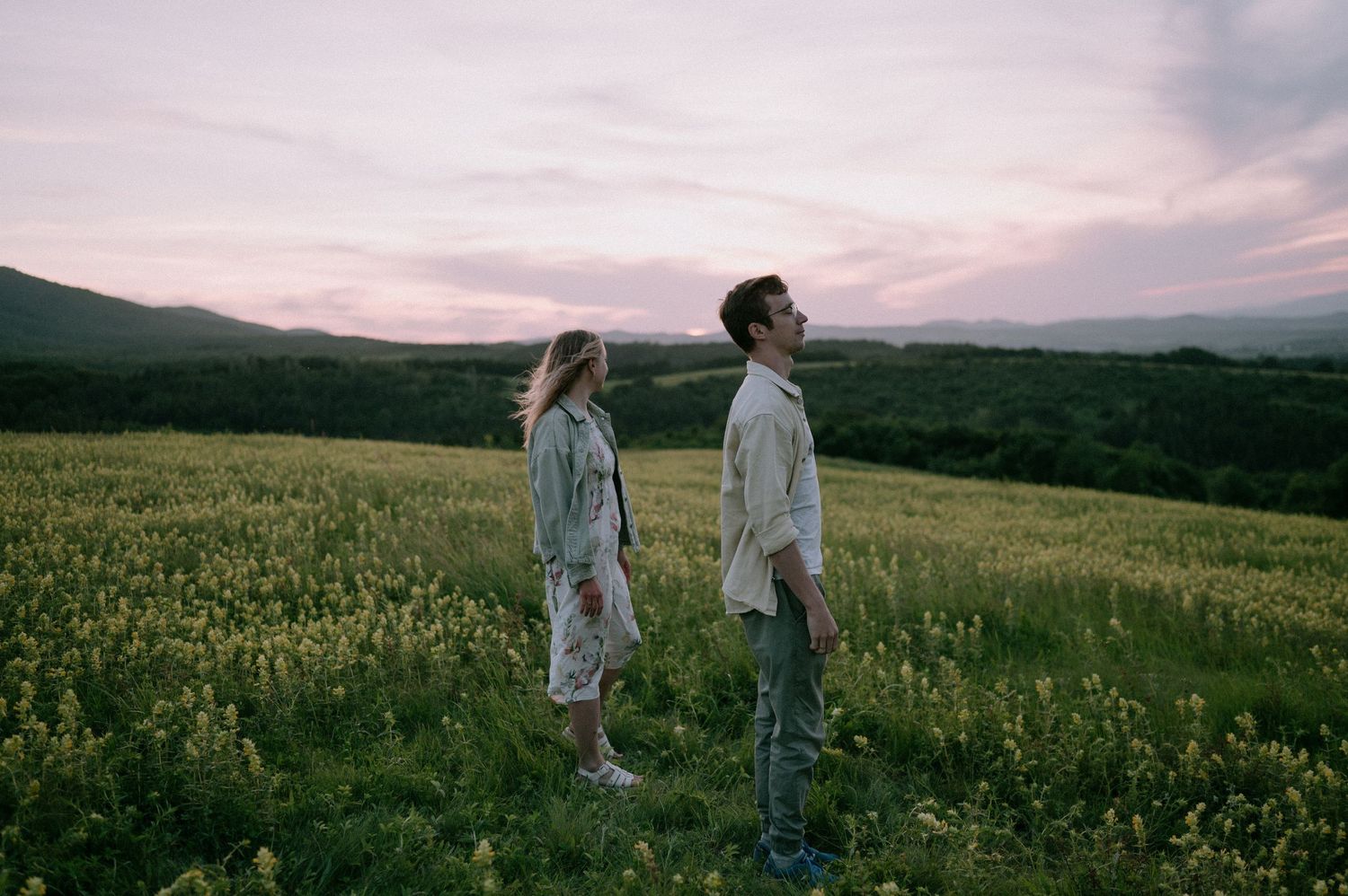 A peaceful scene of two people walking through a flowering field at twilight.