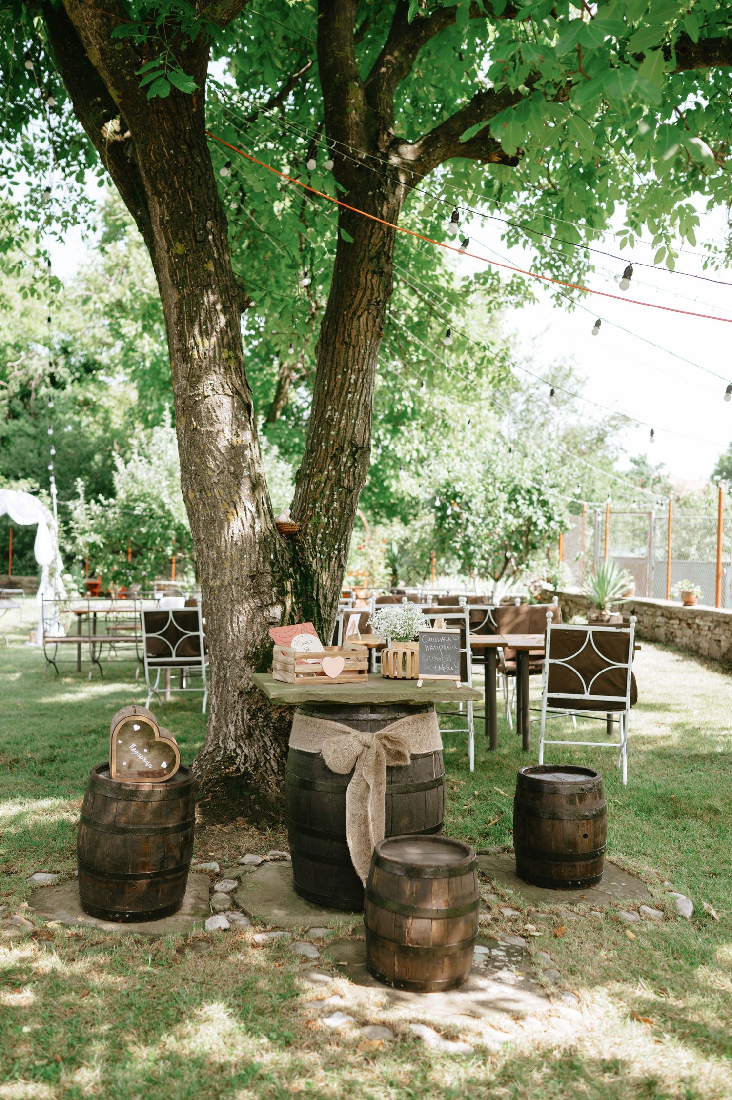 Rustic outdoor wedding reception setup with wooden barrels and tables under a large shady tree.