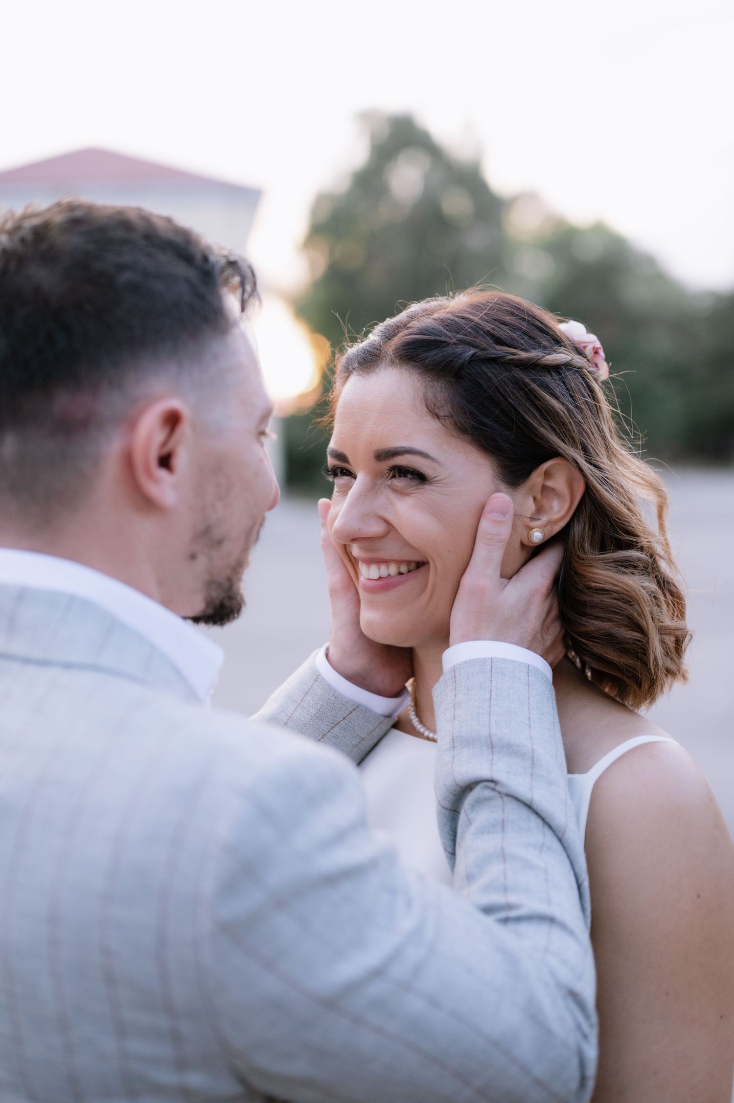A romantic sequence of wedding photos showing tender moments between a couple during golden hour outdoors.