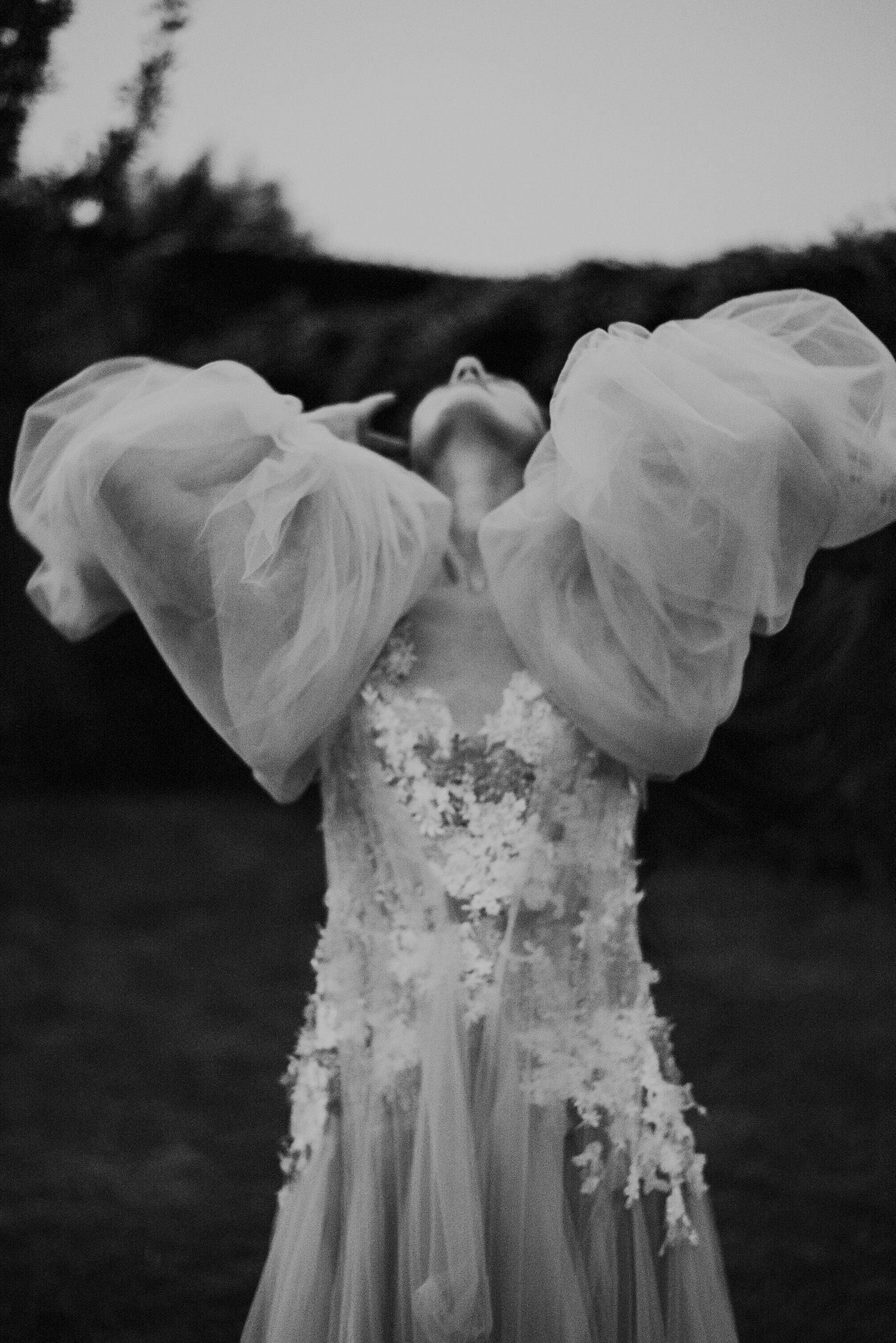 A delicate white wedding dress with off-shoulder tulle sleeves and lace details captured in black and white.